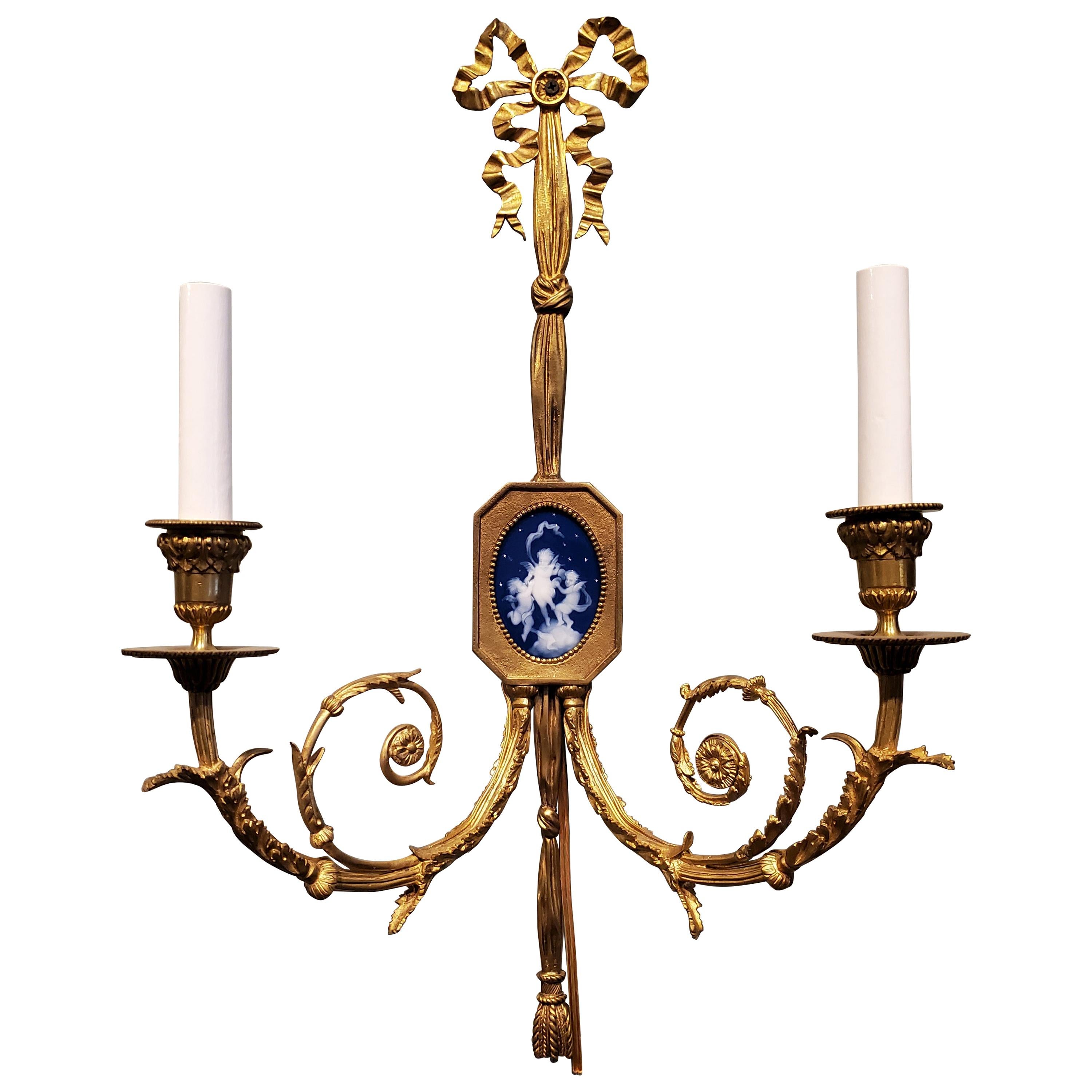 Pair of Antique Louis XVI Ormolu and Enamel Pate Sur Pate Wall Sconces For Sale