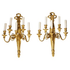 Pair of Antique Louis XVI Style Bronze Dore 5-Light Sconces from France, C. 1890