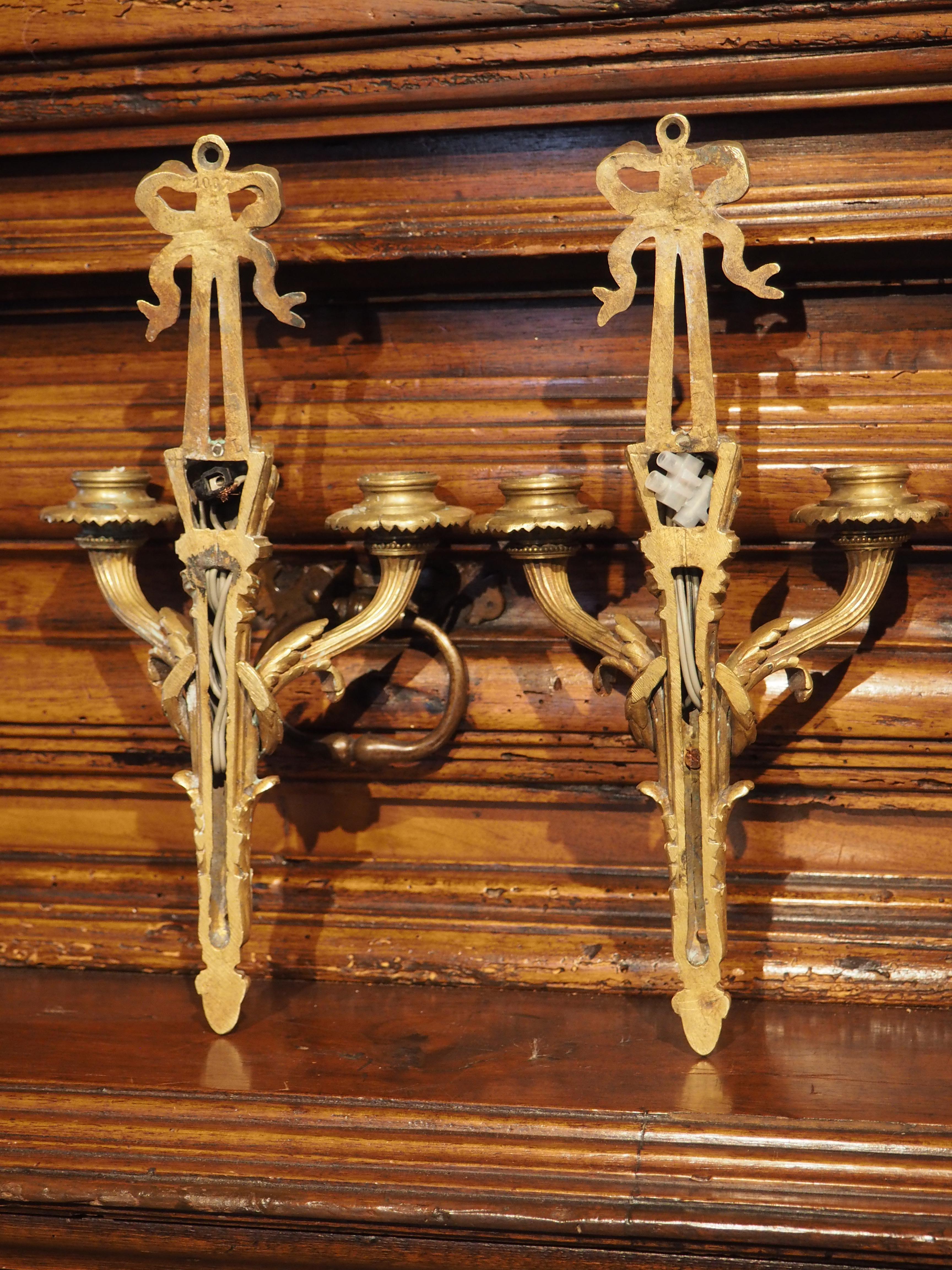 Pair of Antique Louis XVI Style Bronze Dore Sconces from France, circa 1850 3
