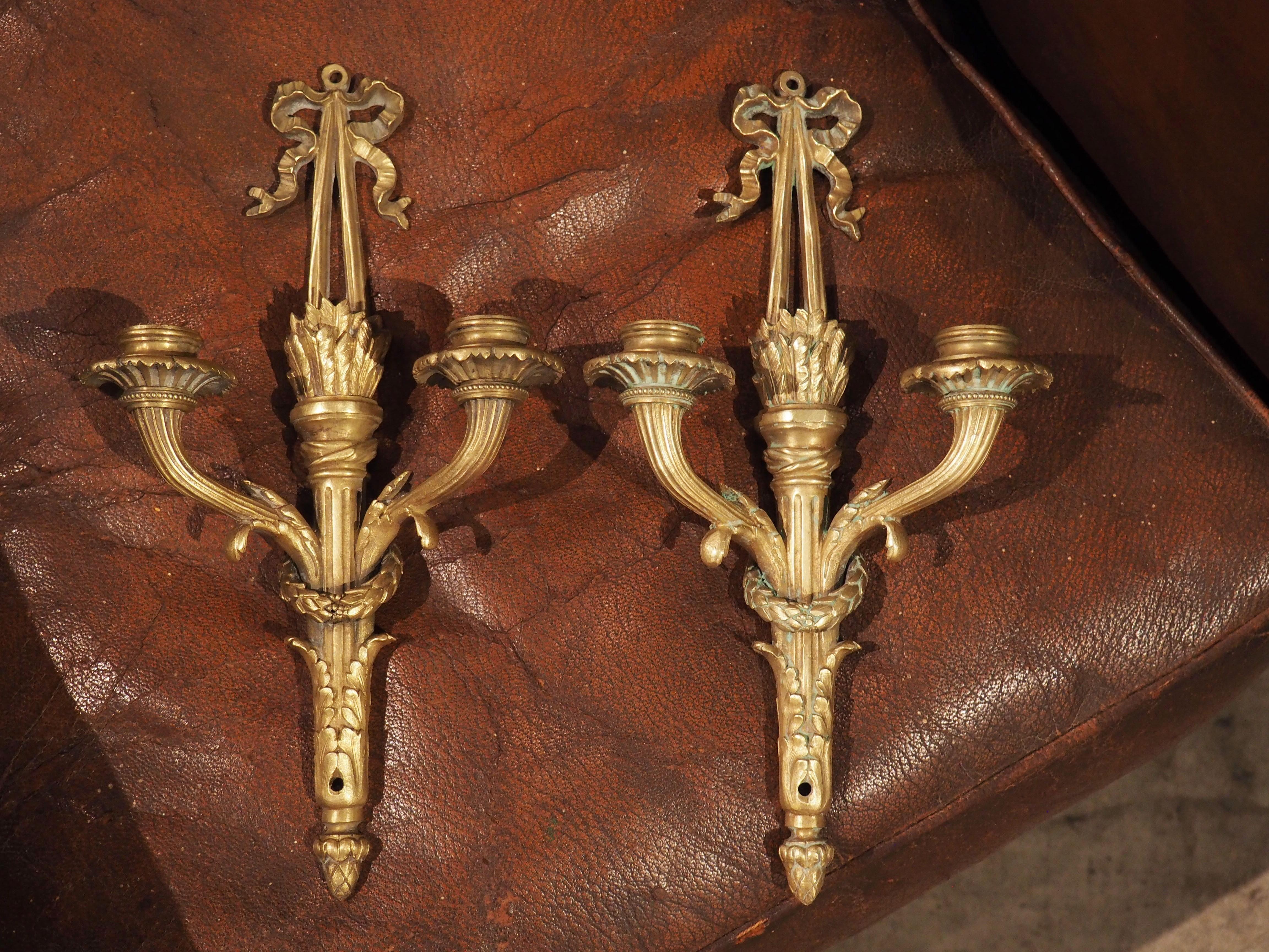 Pair of Antique Louis XVI Style Bronze Dore Sconces from France, circa 1850 6