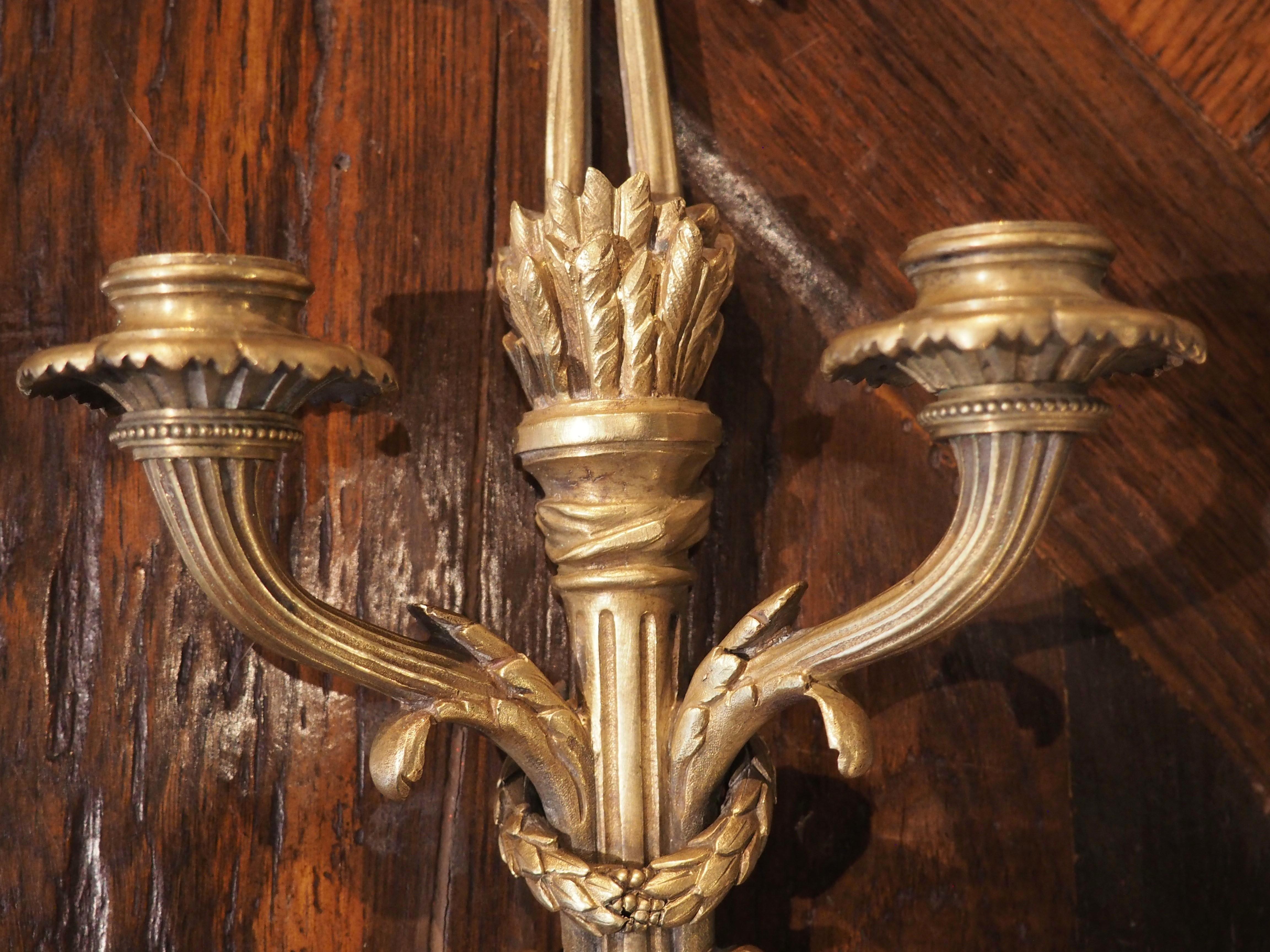 Pair of Antique Louis XVI Style Bronze Dore Sconces from France, circa 1850 9