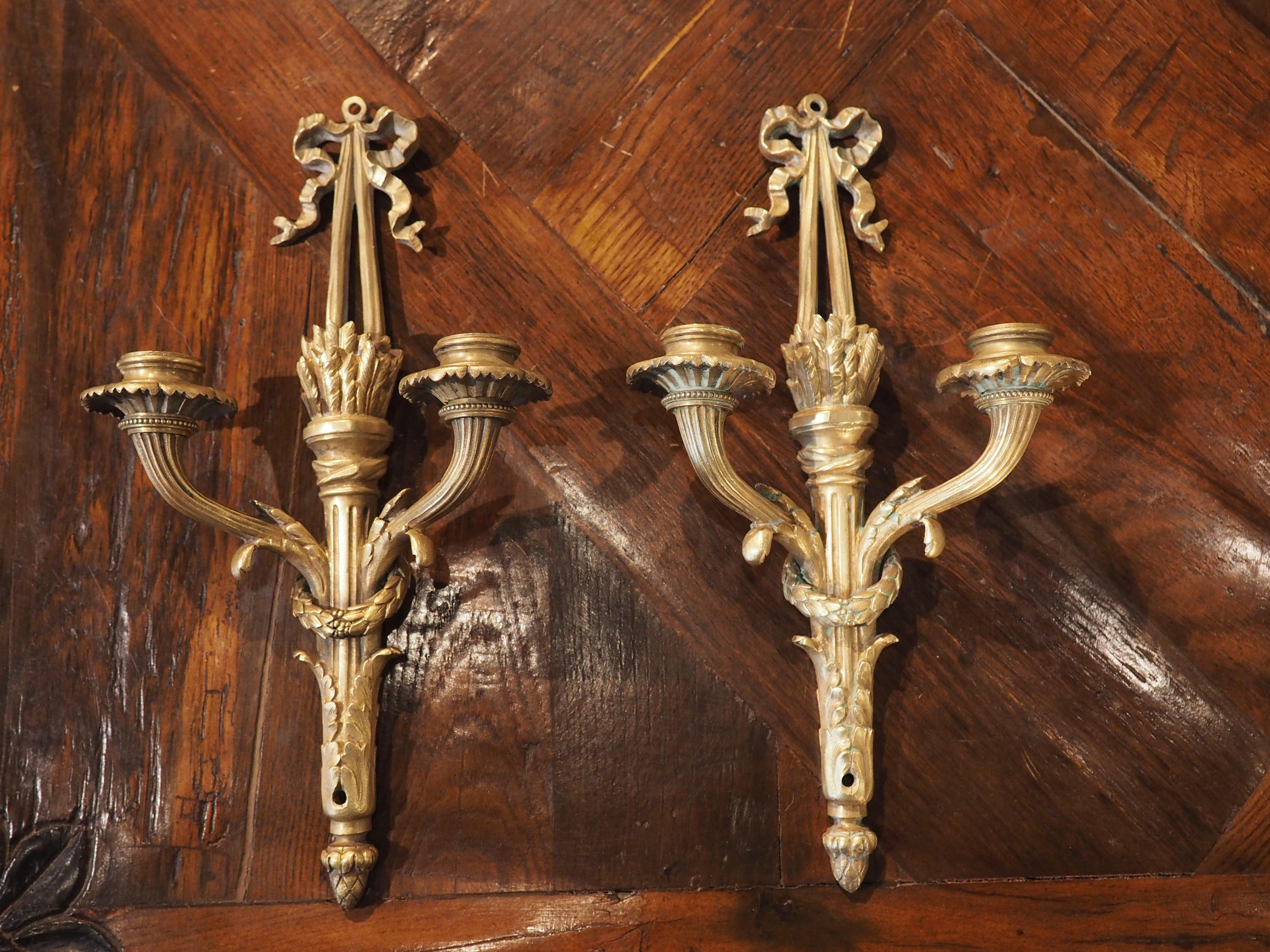 Pair of Antique Louis XVI Style Bronze Dore Sconces from France, circa 1850 10