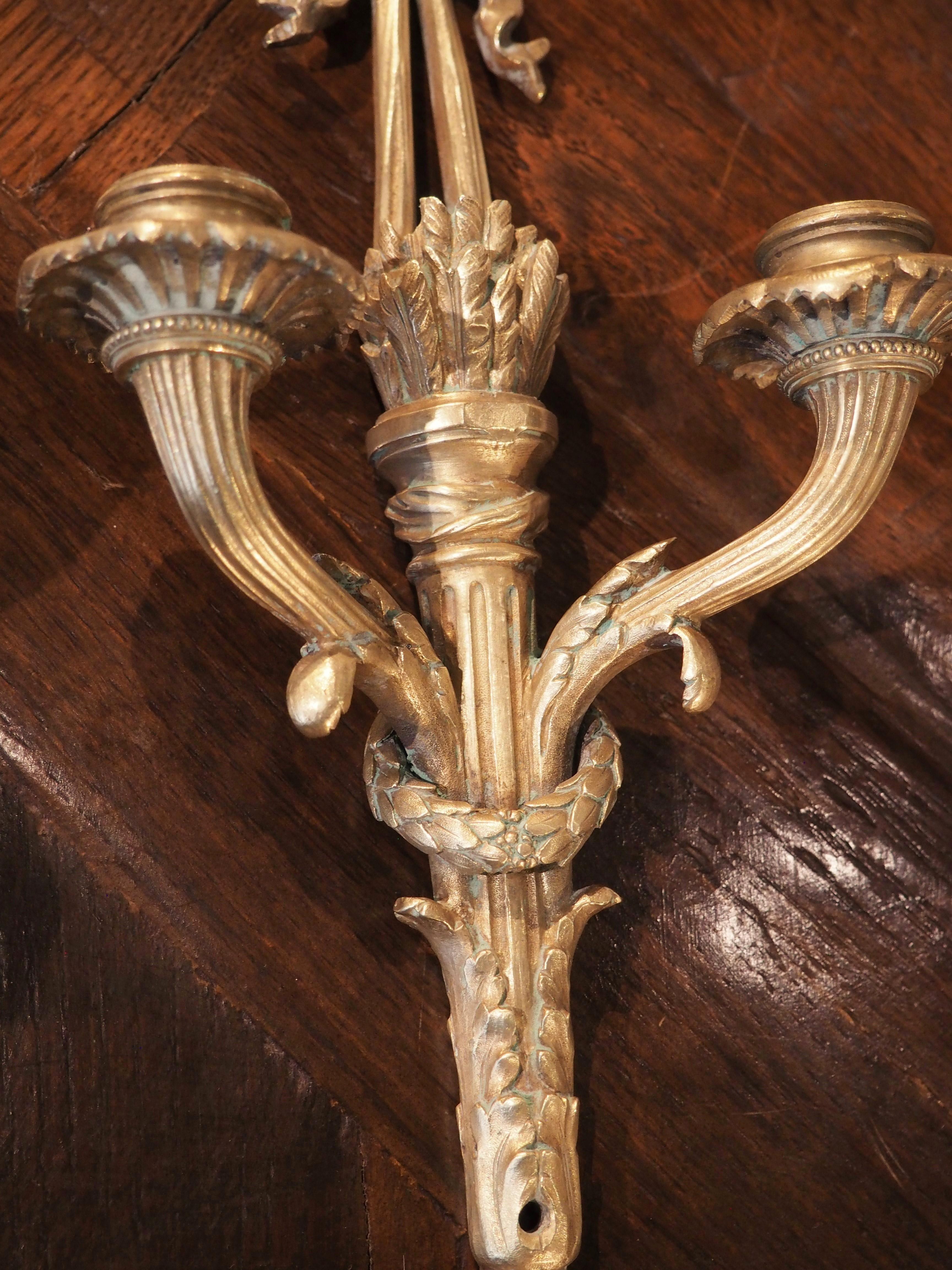 French Pair of Antique Louis XVI Style Bronze Dore Sconces from France, circa 1850