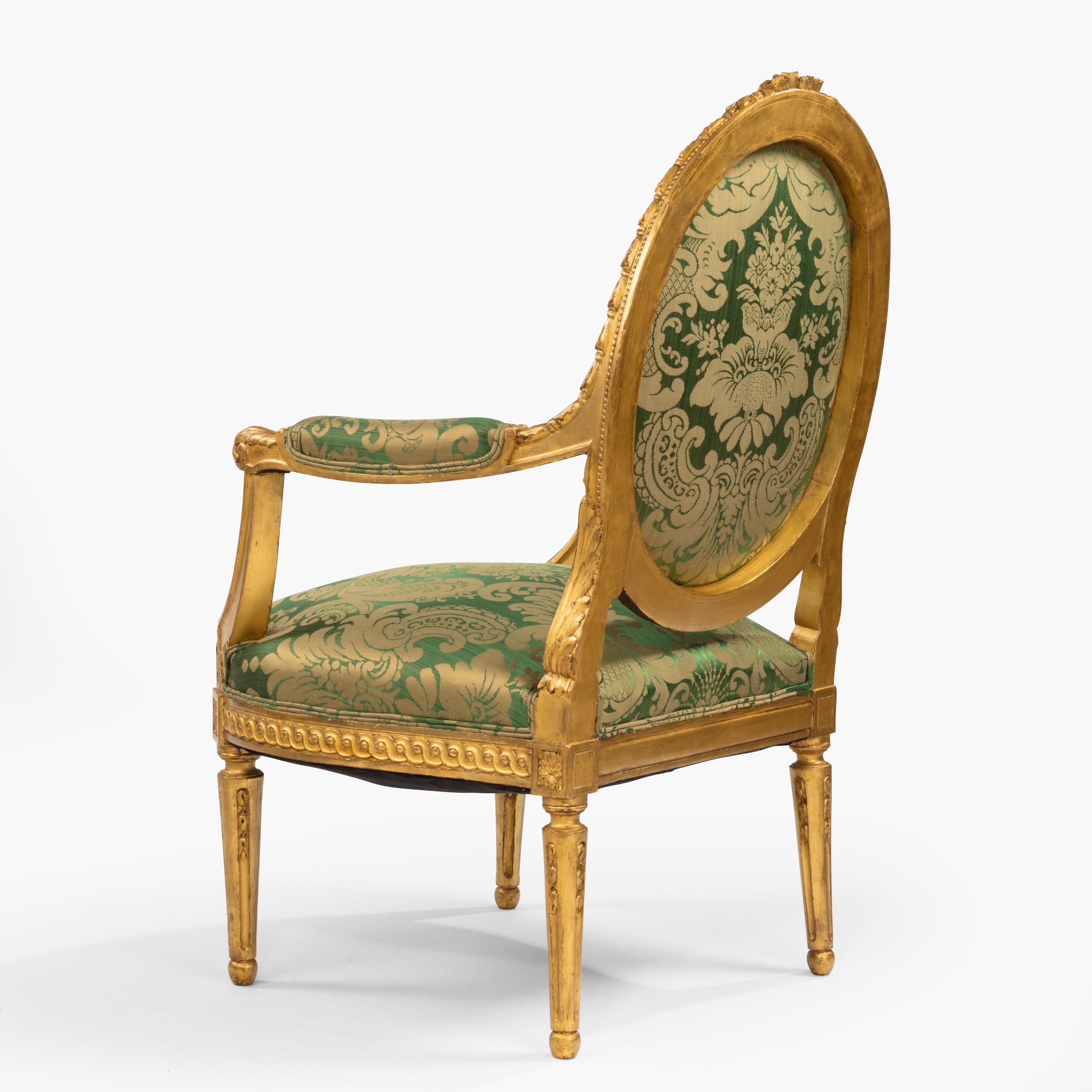 French Pair of Antique Louis XVI Style Carved Armchairs with Green Upholstery