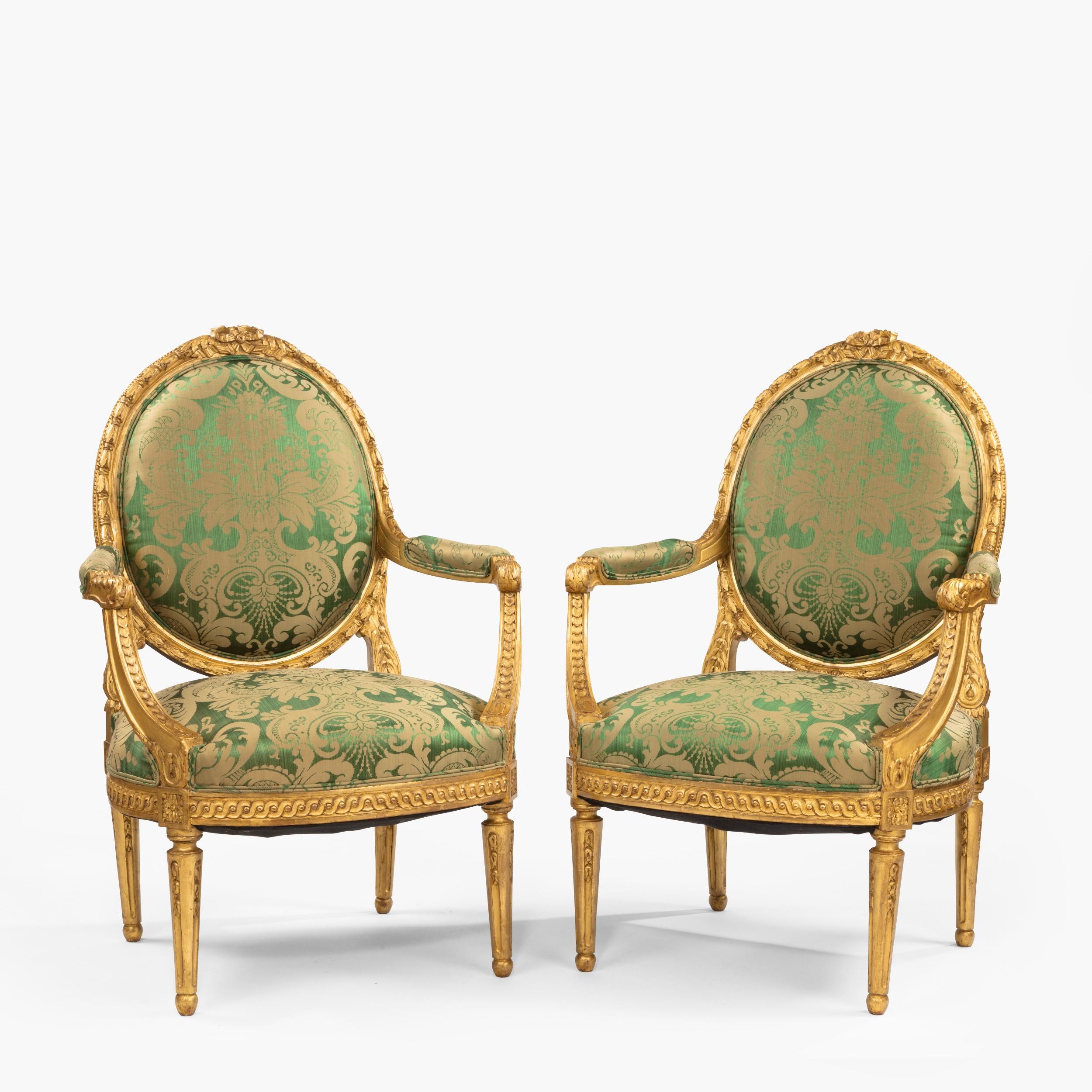 Pair of Antique Louis XVI Style Carved Armchairs with Green Upholstery 1