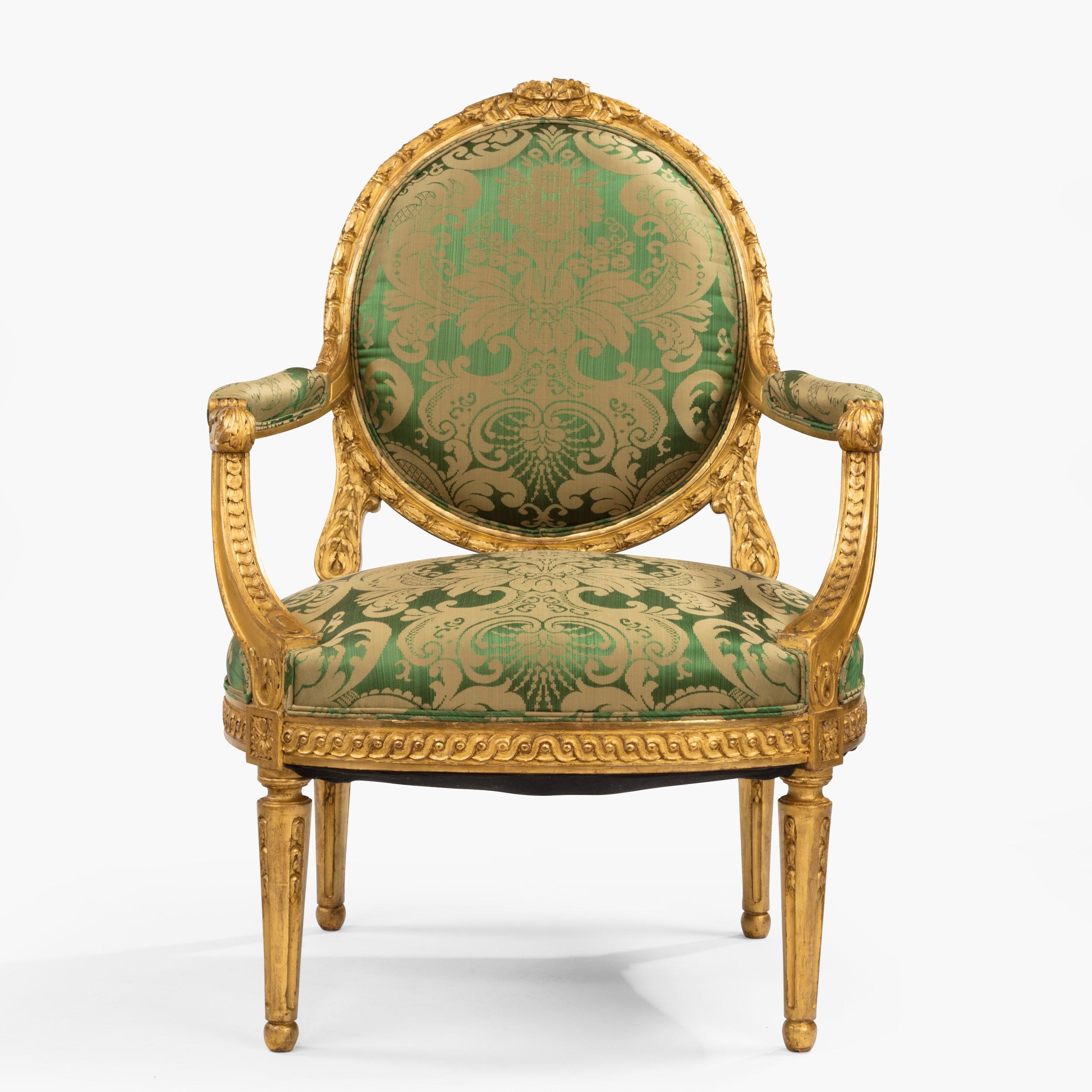 Pair of Antique Louis XVI Style Carved Armchairs with Green Upholstery 2