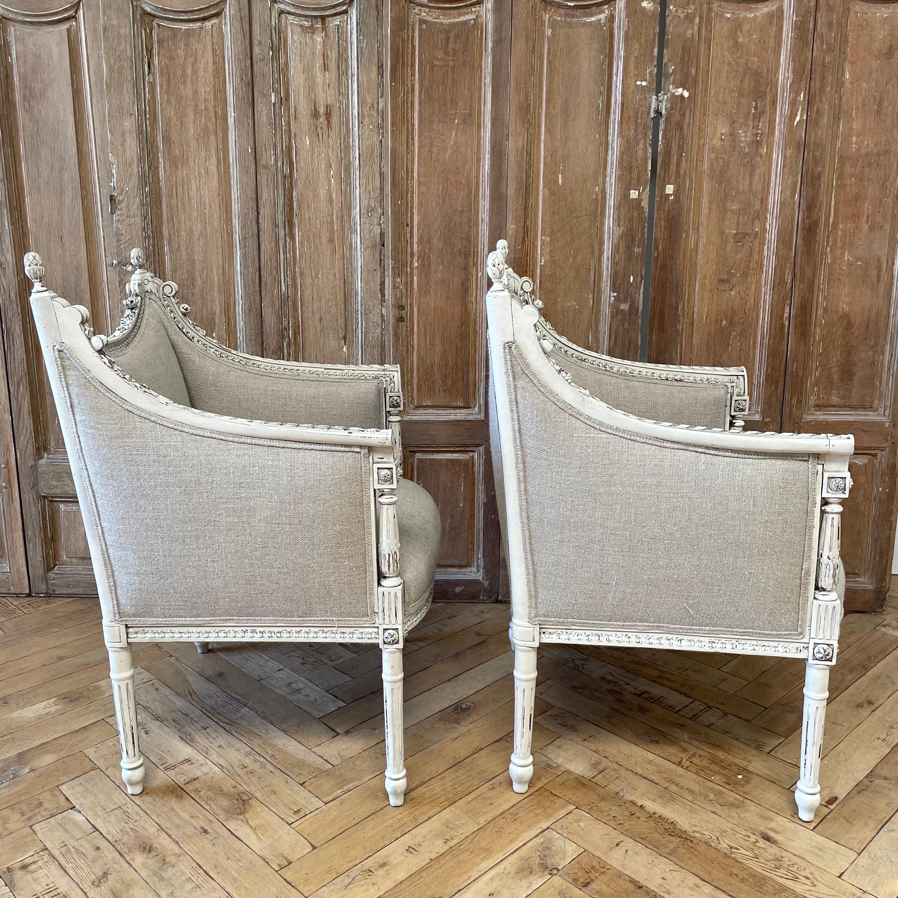 Pair of Antique Louis XVI Style Chairs Upholstered in Irish Natural Linen For Sale 6