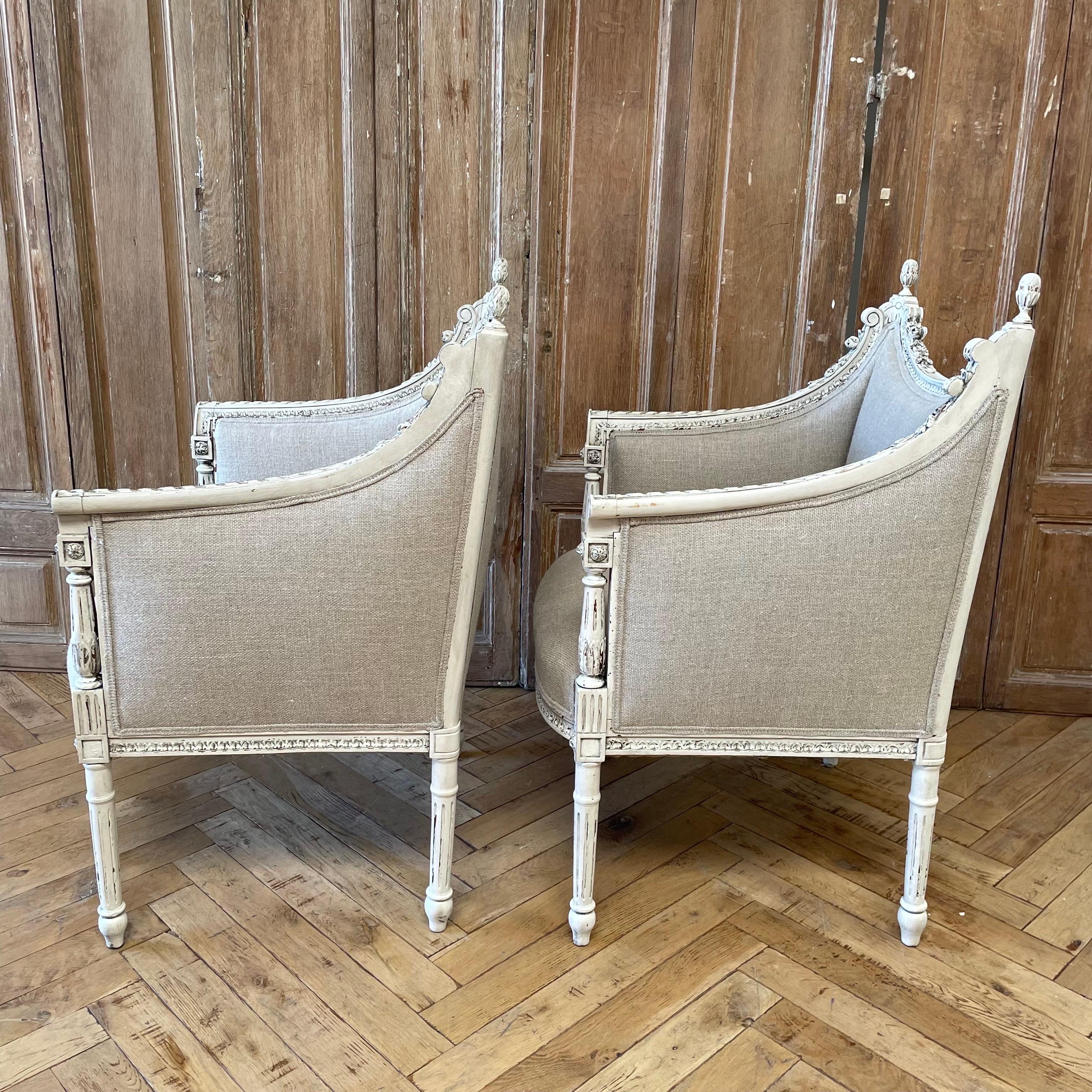 Pair of Antique Louis XVI Style Chairs Upholstered in Irish Natural Linen For Sale 7