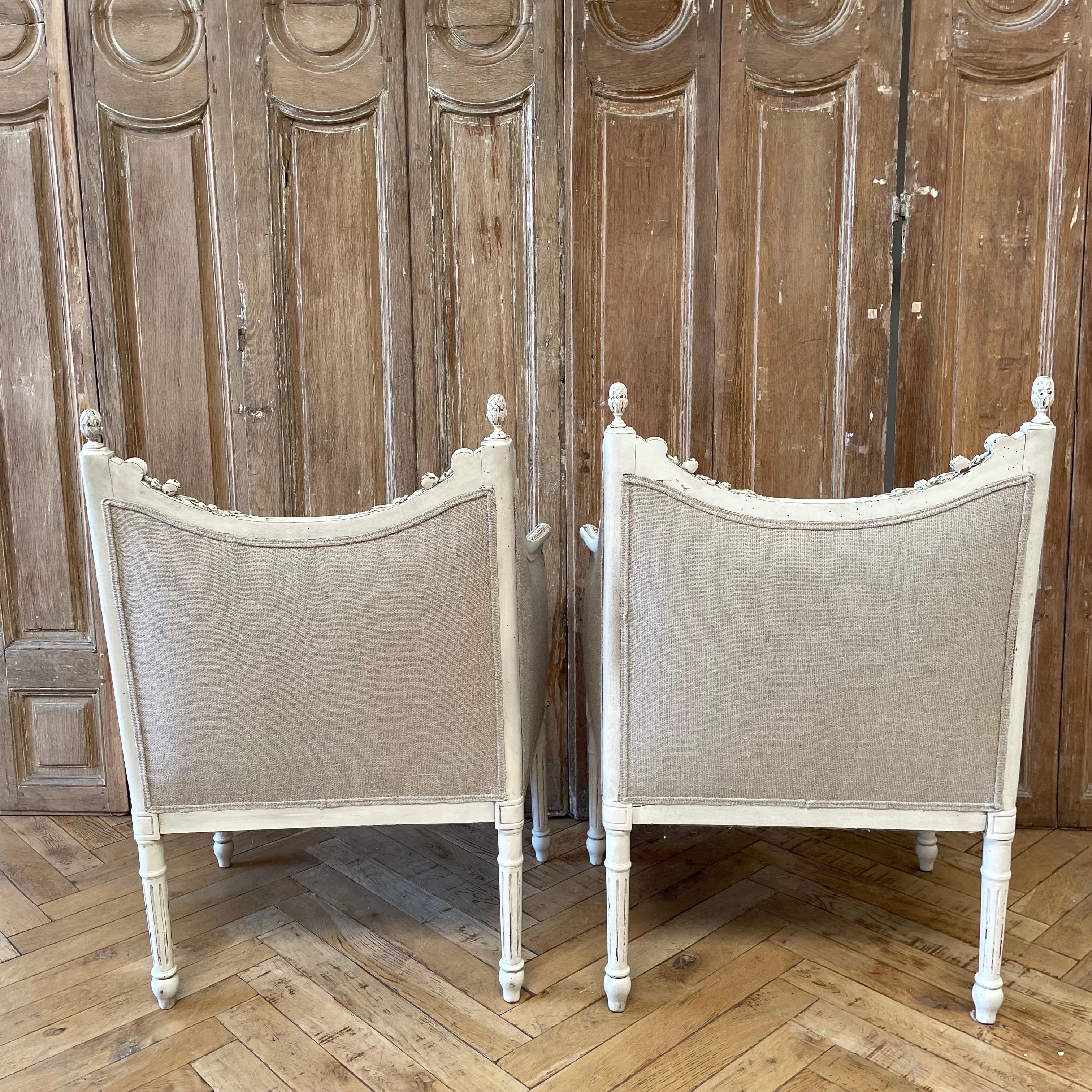Pair of Antique Louis XVI Style Chairs Upholstered in Irish Natural Linen For Sale 8