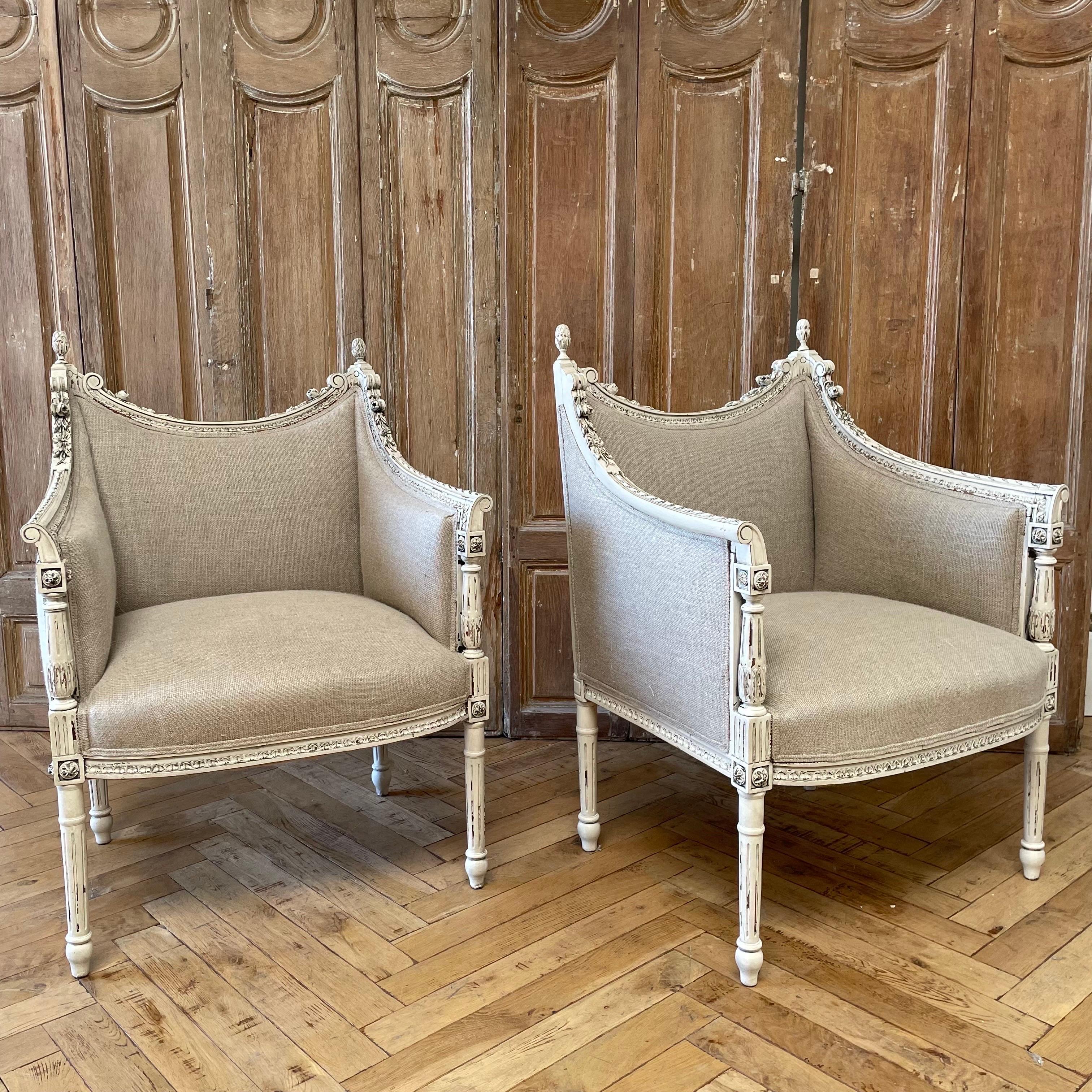 Pair of Antique Louis XVI Style Chairs Upholstered in Irish Natural Linen For Sale 9