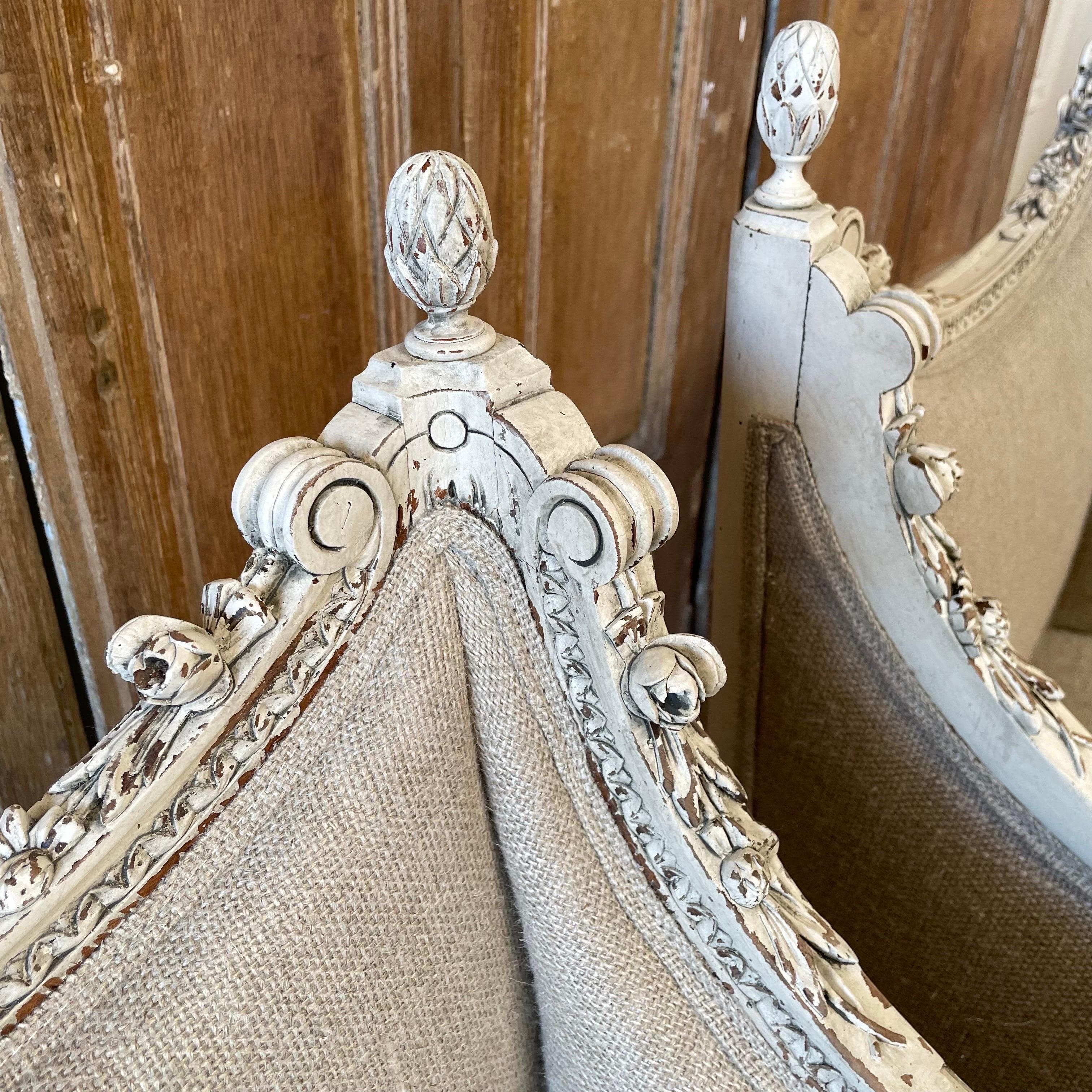 Pair of Antique Louis XVI Style Chairs Upholstered in Irish Natural Linen For Sale 2