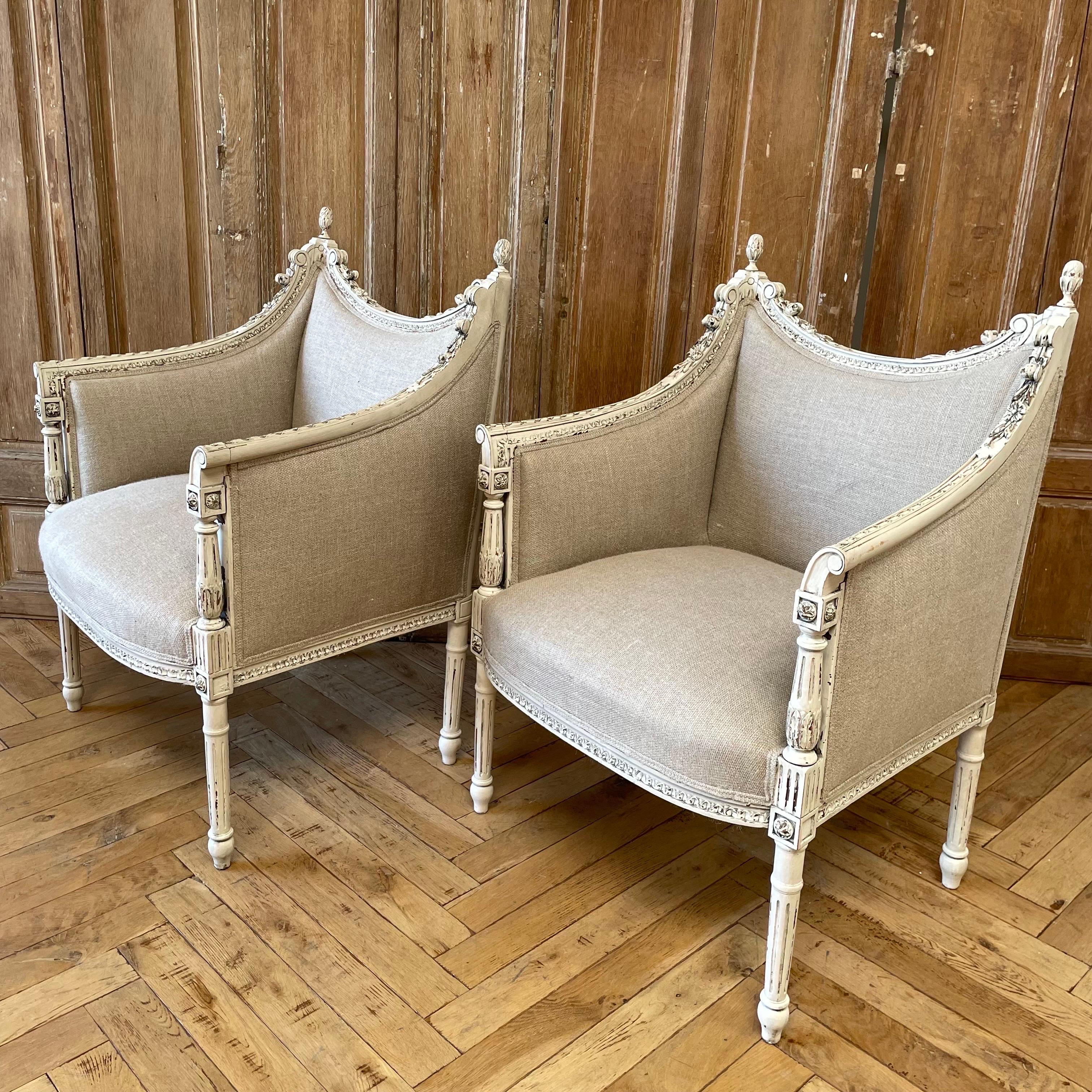 Pair of Antique Louis XVI Style Chairs Upholstered in Irish Natural Linen For Sale 4