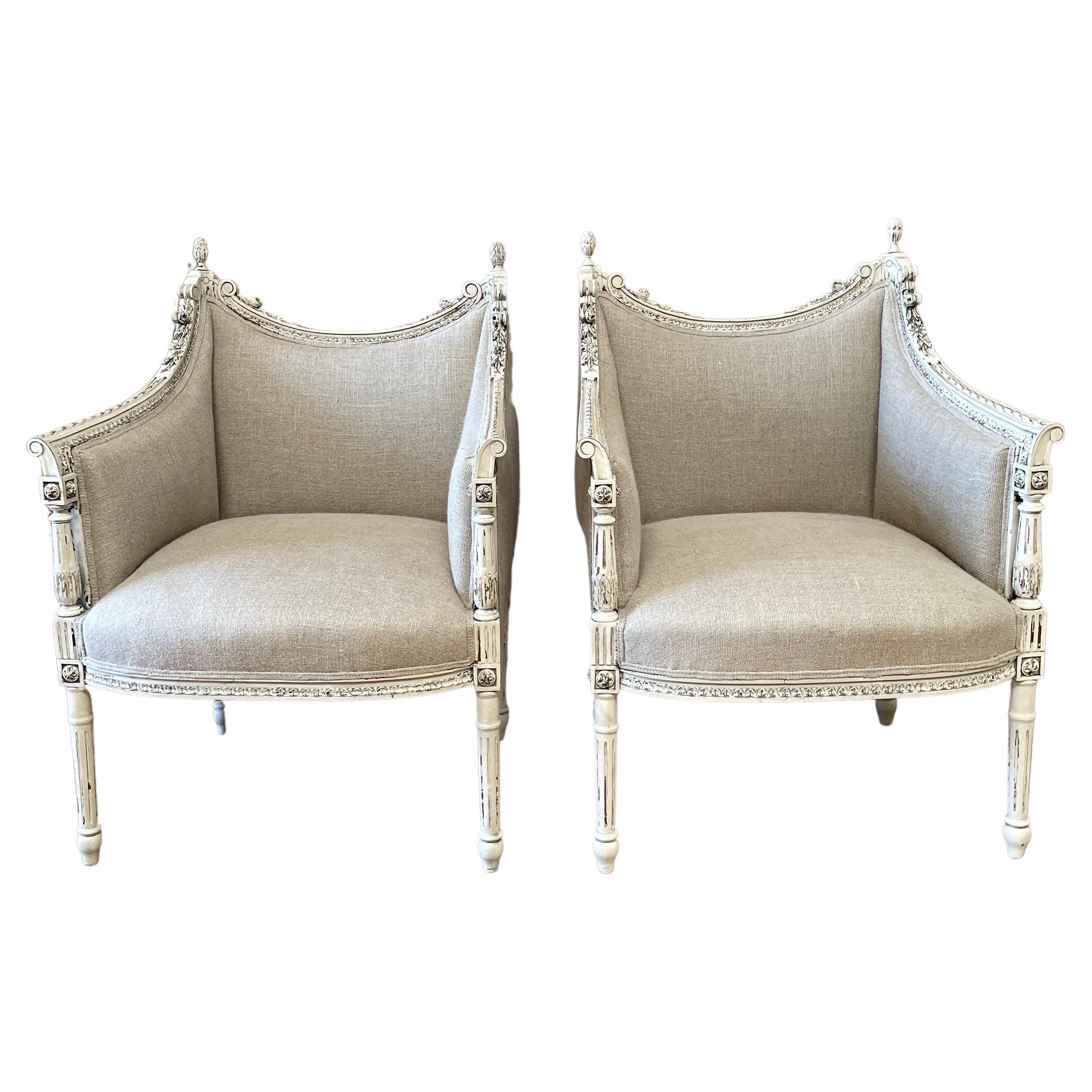 Pair of Antique Louis XVI Style Chairs Upholstered in Irish Natural Linen For Sale