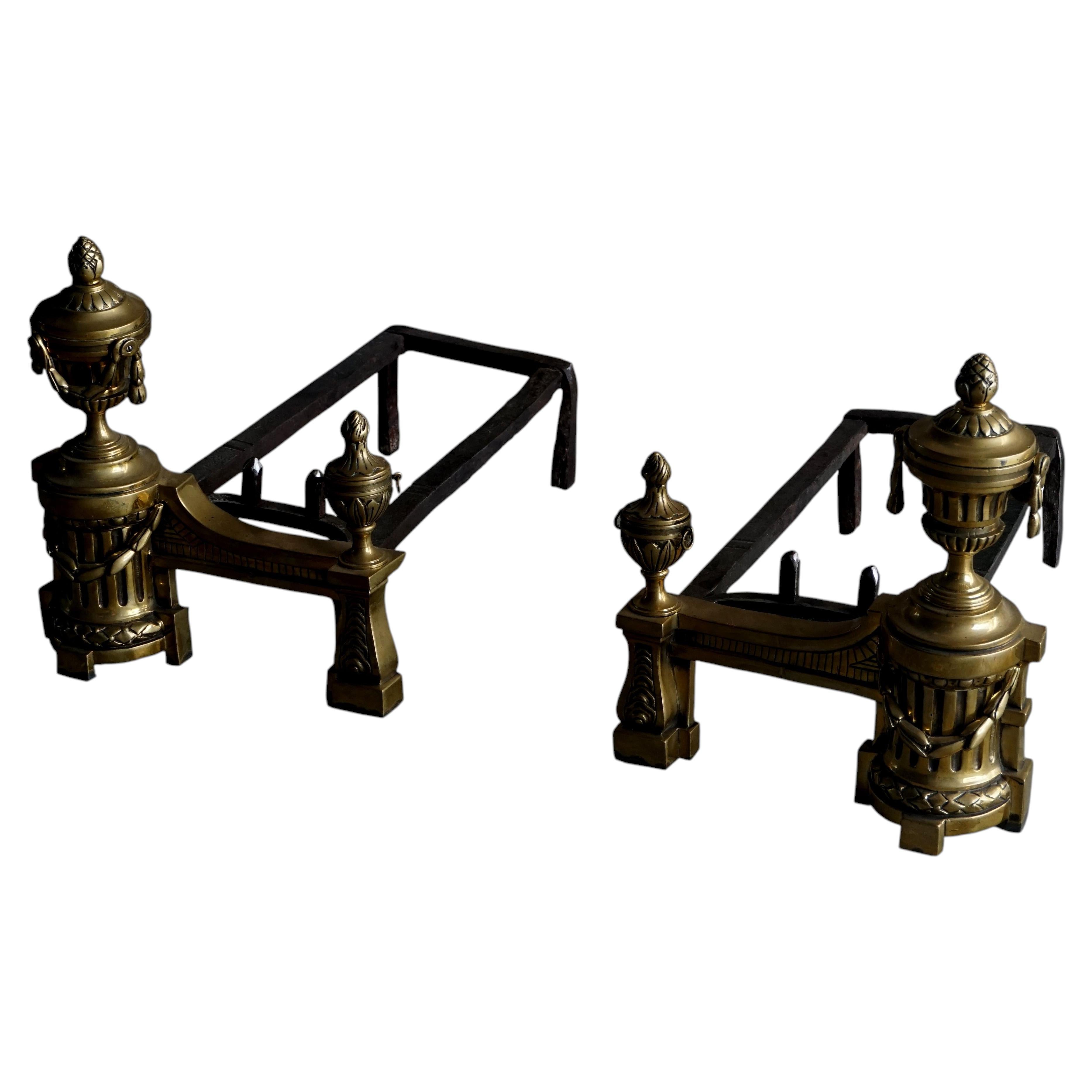 Pair of Antique Louis XVI Style Fire-Gilded Bronze Chenets with Urn Finials For Sale