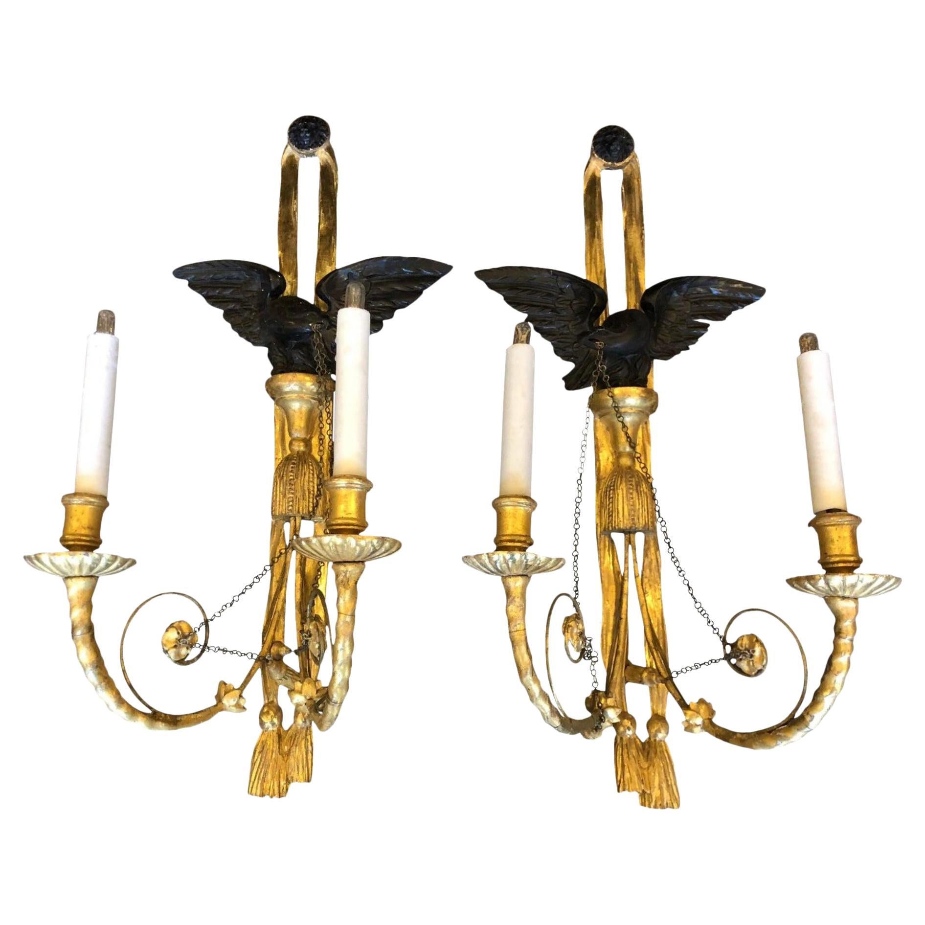 Pair of Antique Louis XVI Style Giltwood Wall Sconces with Eagles For Sale