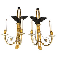 Pair of Antique Louis XVI Style Giltwood Wall Sconces with Eagles