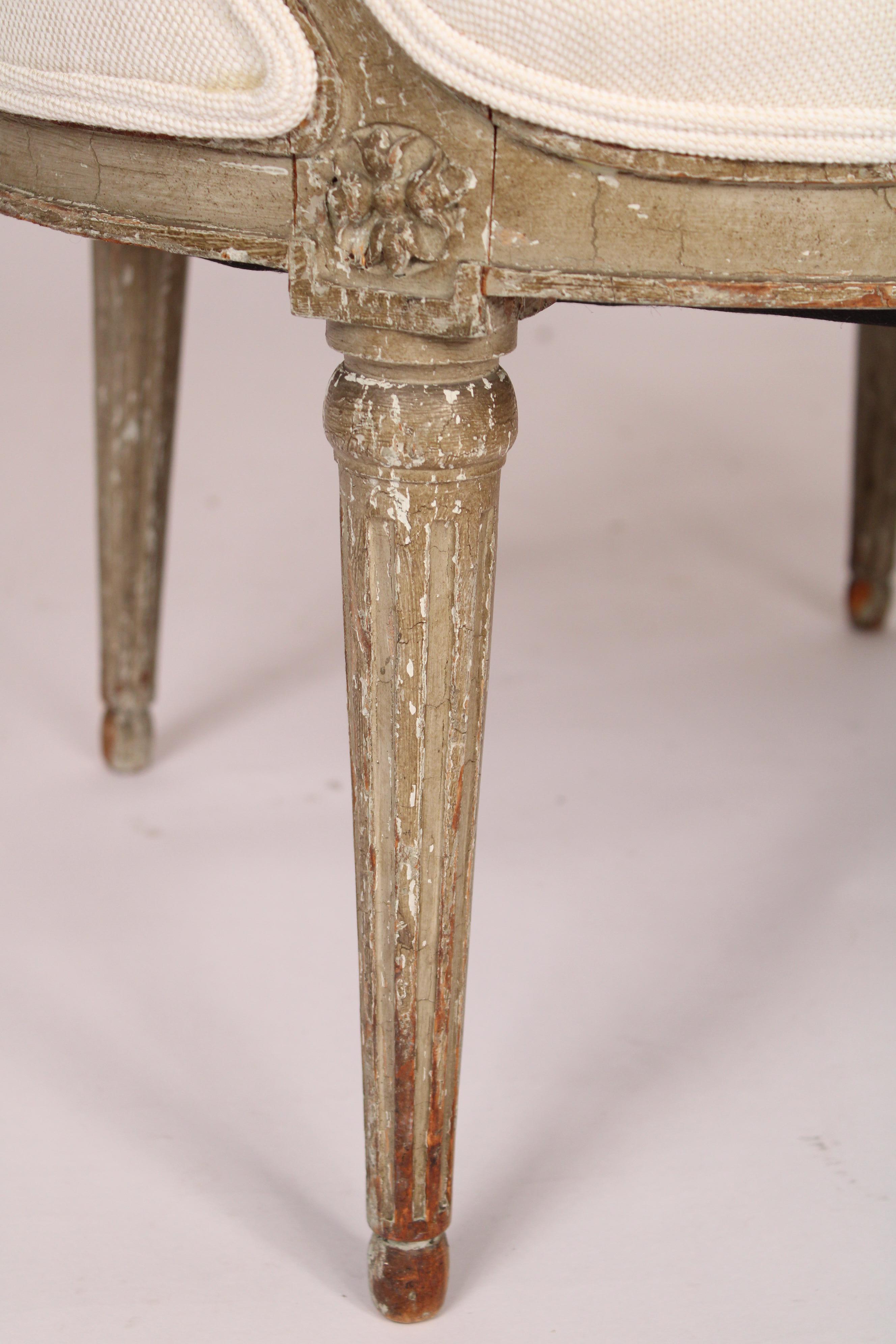 Pair of Antique Louis XVI Style Grisaille Painted Bergeres For Sale 4