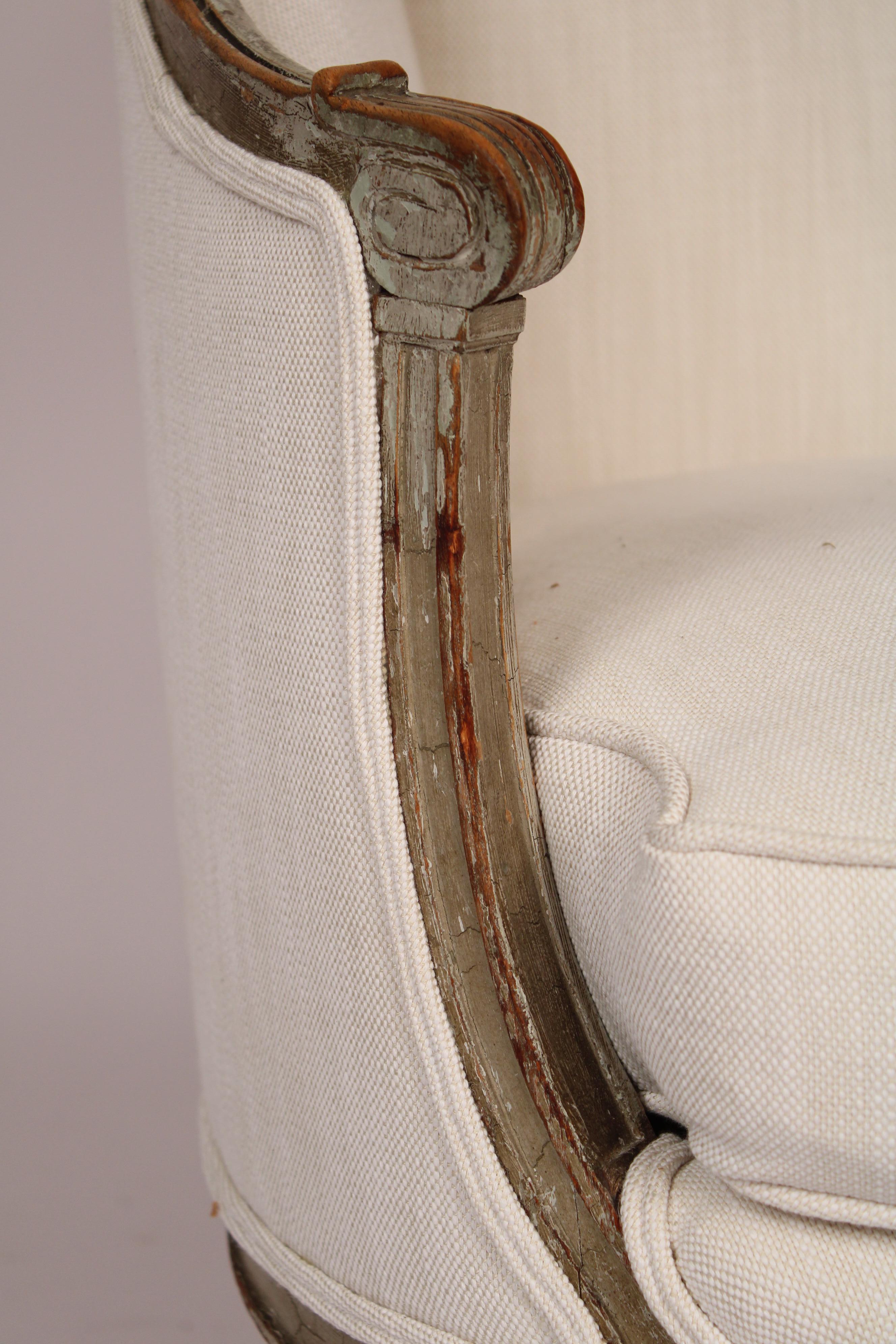 Pair of Antique Louis XVI Style Grisaille Painted Bergeres For Sale 5