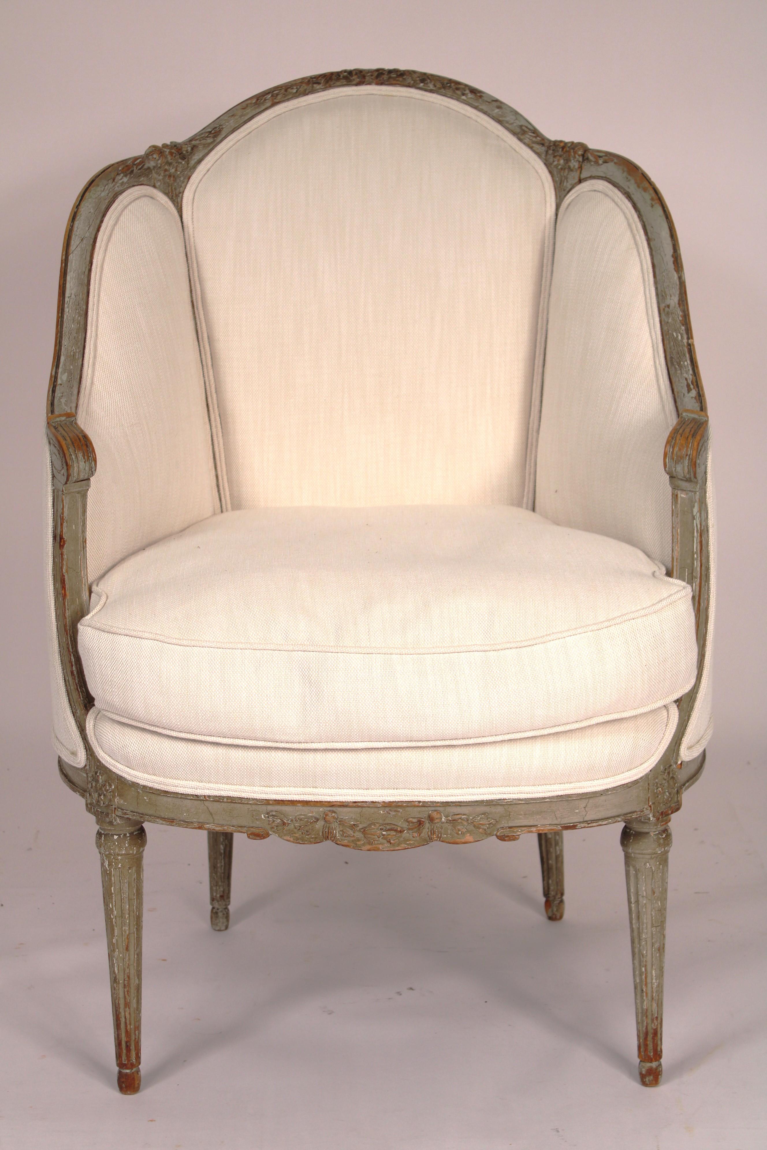 European Pair of Antique Louis XVI Style Grisaille Painted Bergeres For Sale