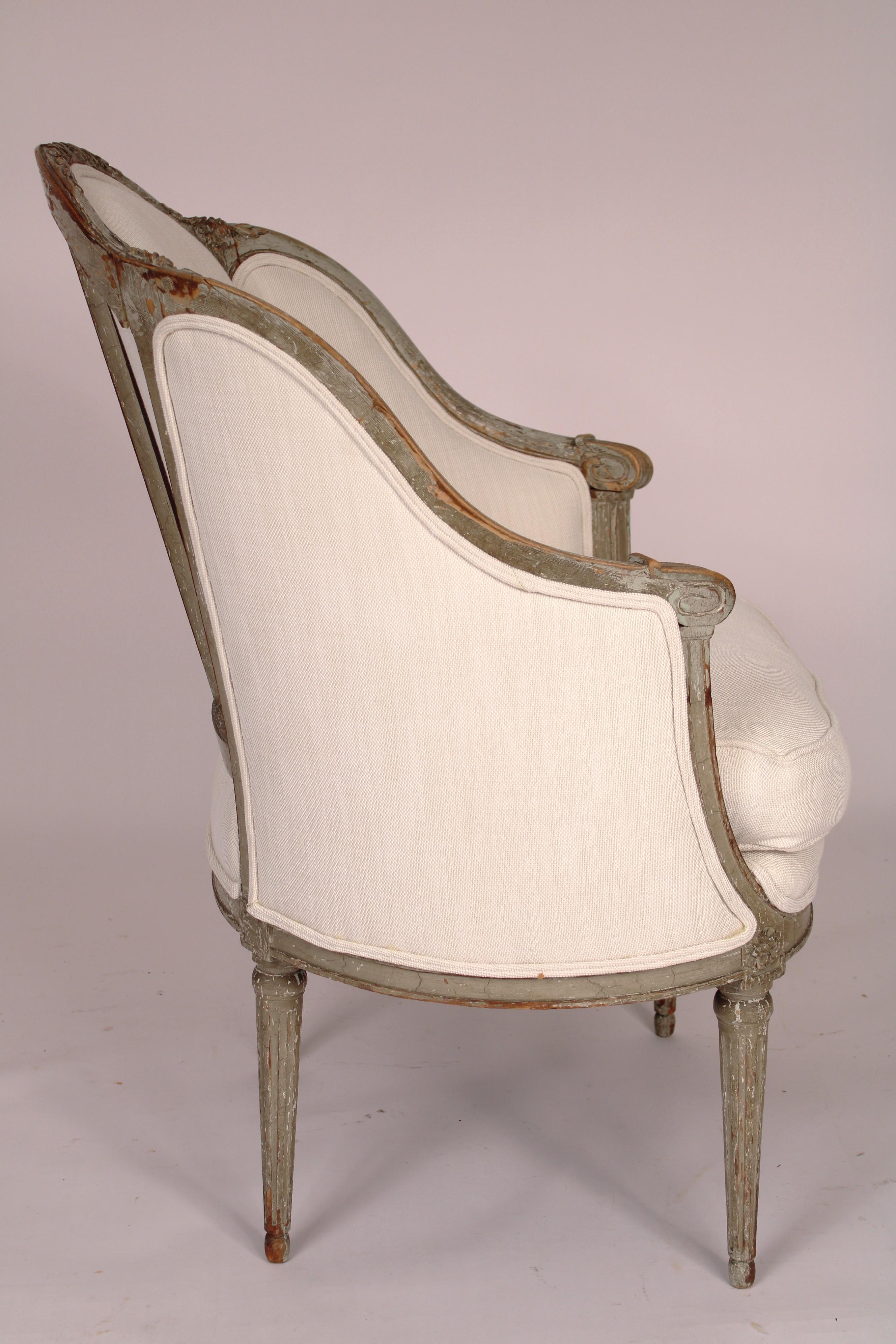 19th Century Pair of Antique Louis XVI Style Grisaille Painted Bergeres For Sale