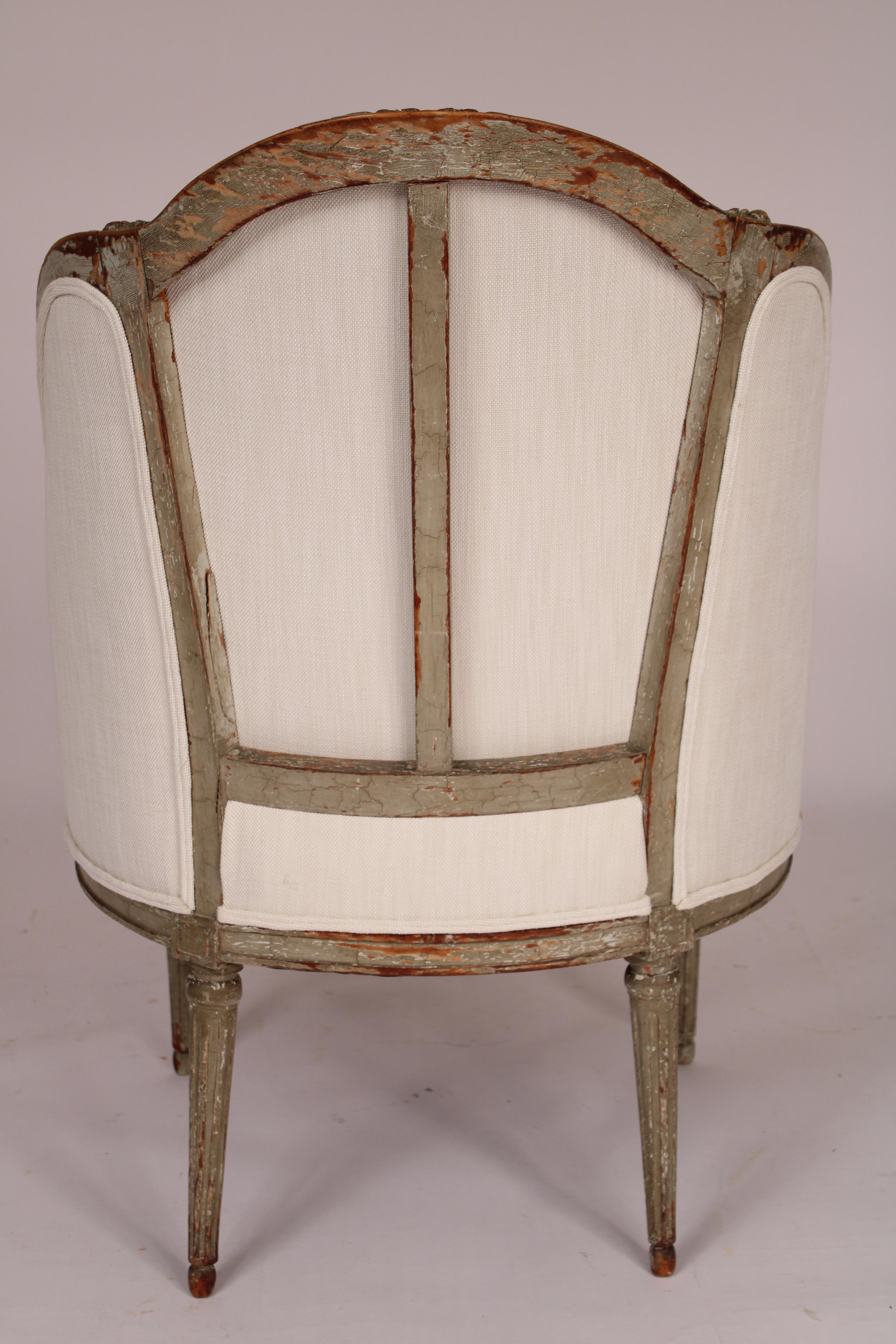 Wood Pair of Antique Louis XVI Style Grisaille Painted Bergeres For Sale
