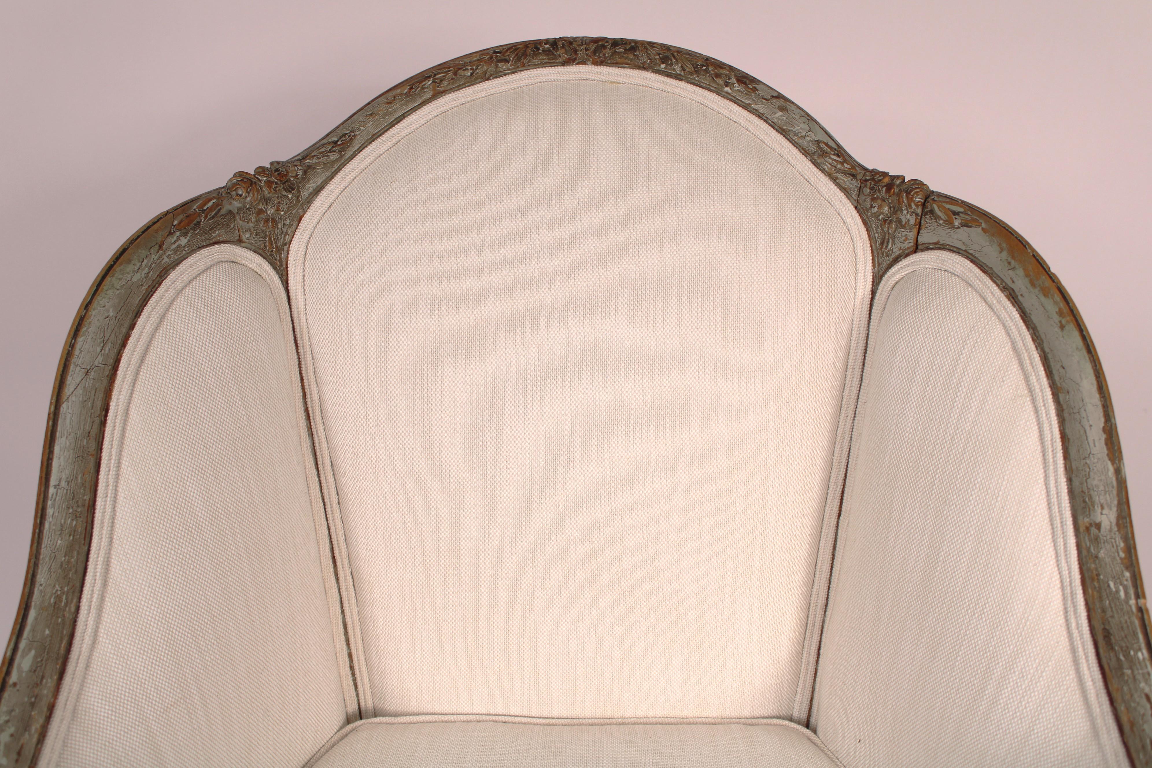 Pair of Antique Louis XVI Style Grisaille Painted Bergeres For Sale 1