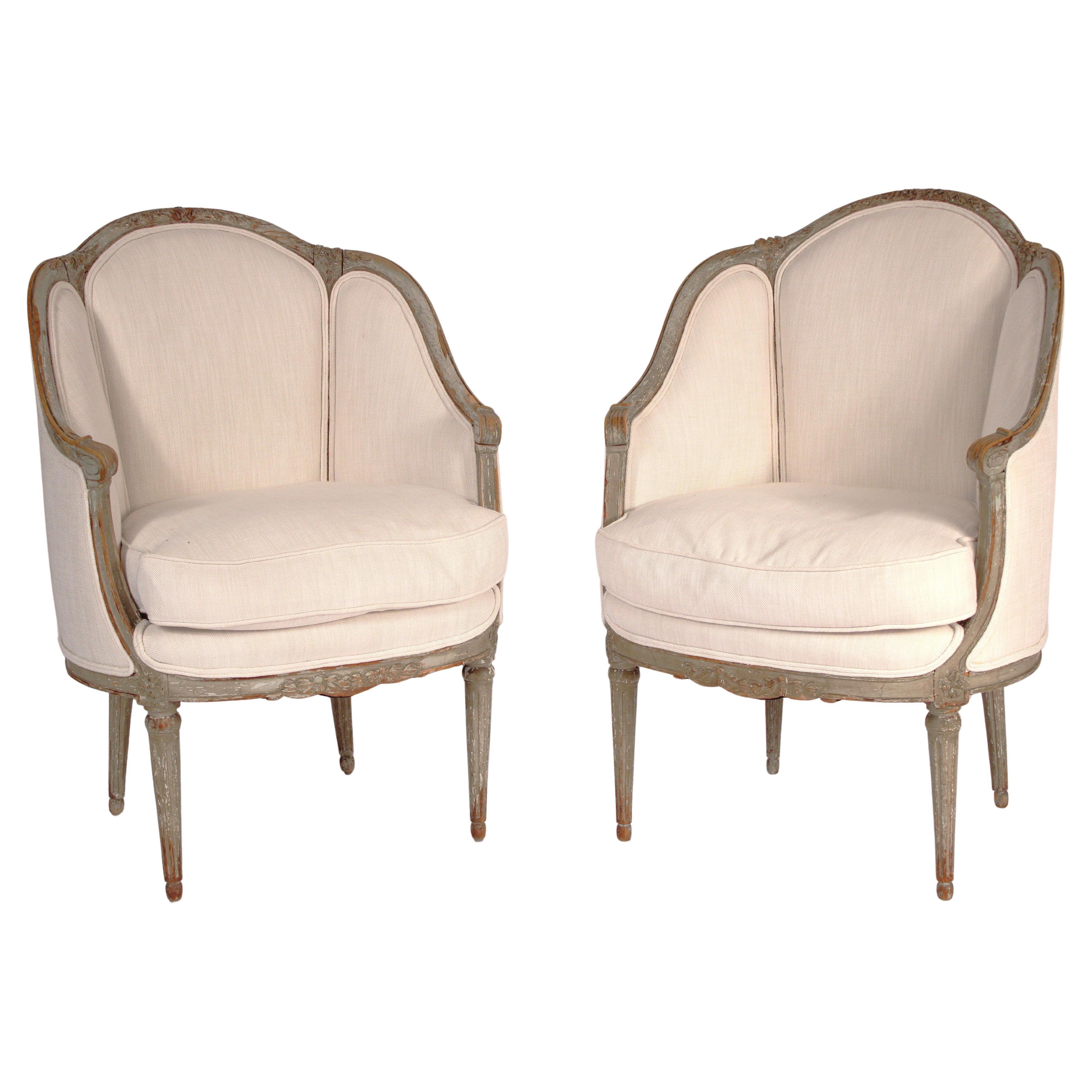Pair of Antique Louis XVI Style Grisaille Painted Bergeres For Sale