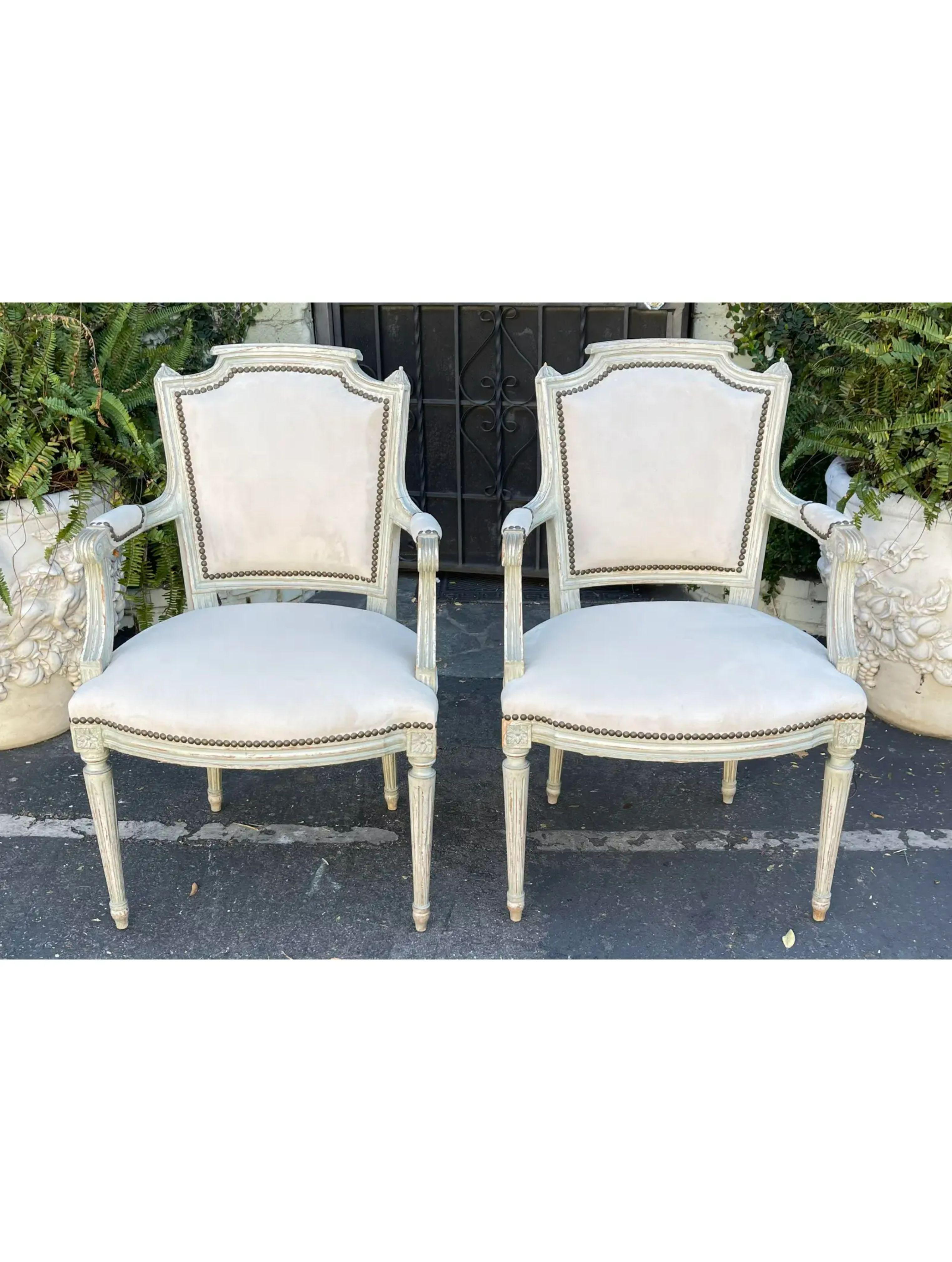 Antique Louis XVI style Maison Jansen Arm chairs - a pair
Freshly upholstered.

Additional information: 
Materials: Velvet, Wood
Color: Greige
Brand: Maison Jansen
Designer: Maison Jansen
Period: Early 20th century
Styles: Louis XVI