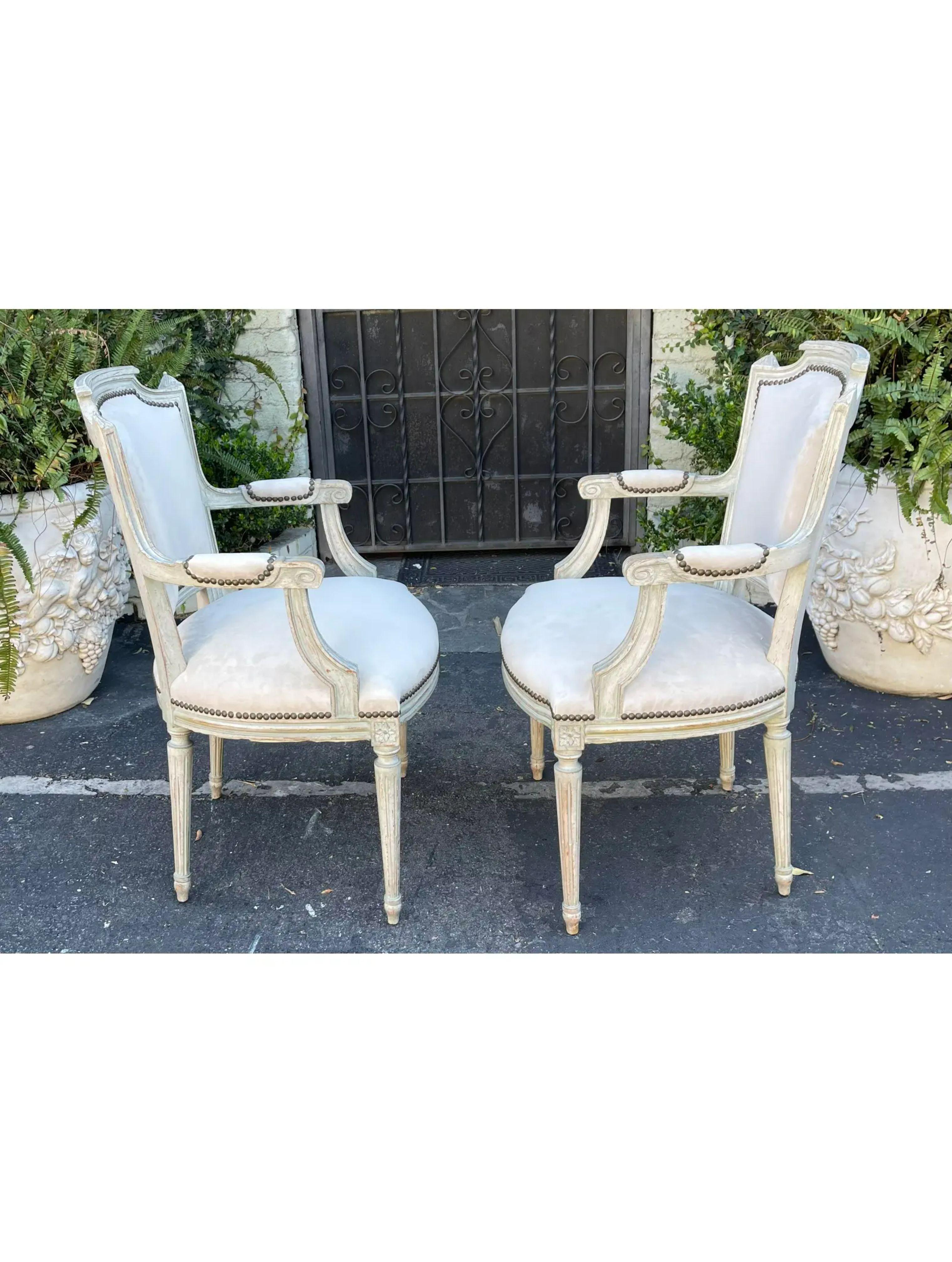 Velvet Pair of Antique Louis XVI Style Maison Jansen Arm Chairs