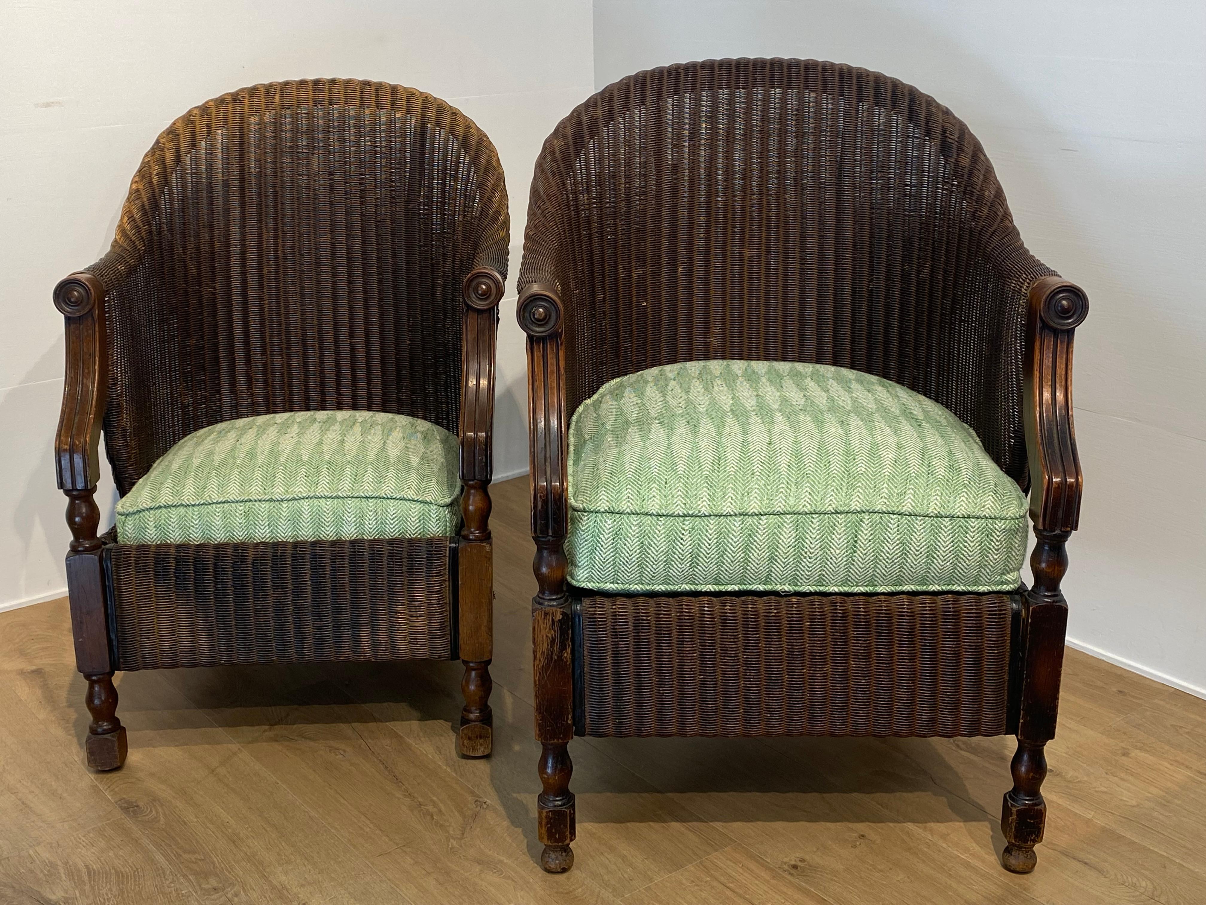 Pair of antique Loyd Loom Chairs In Rattan For Sale 11