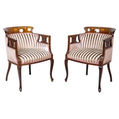 Pair of Antique Mahogany Armchairs with Striped Upholstered Seats, circa 1900