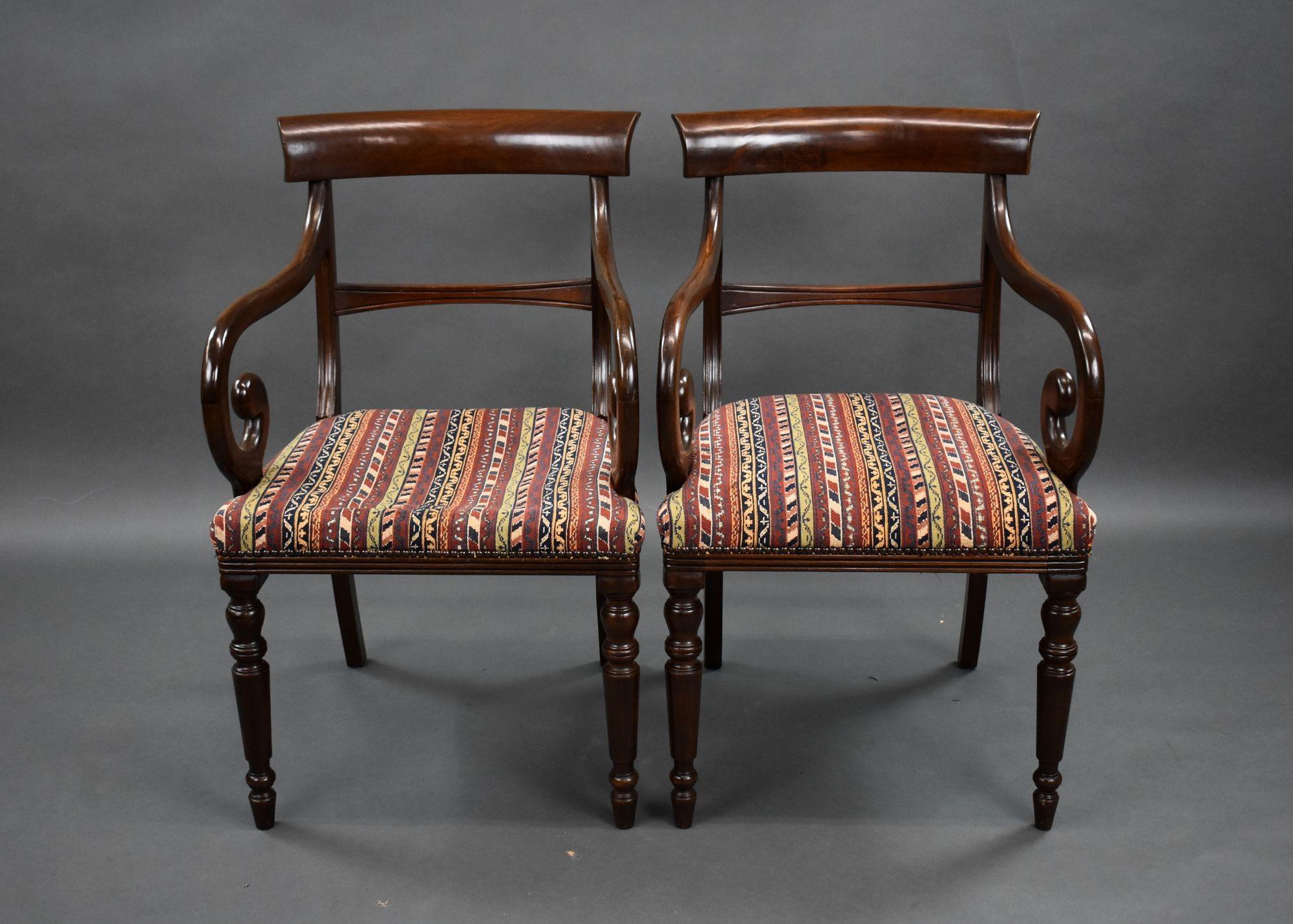 For sale is a pair of antique mahogany armchairs, both remaining in very good condition in their age. Both seat covers are in good order but one chair would benefit from being re-stuffed.
Width: 54cm Depth: 54cm Height: 88cm