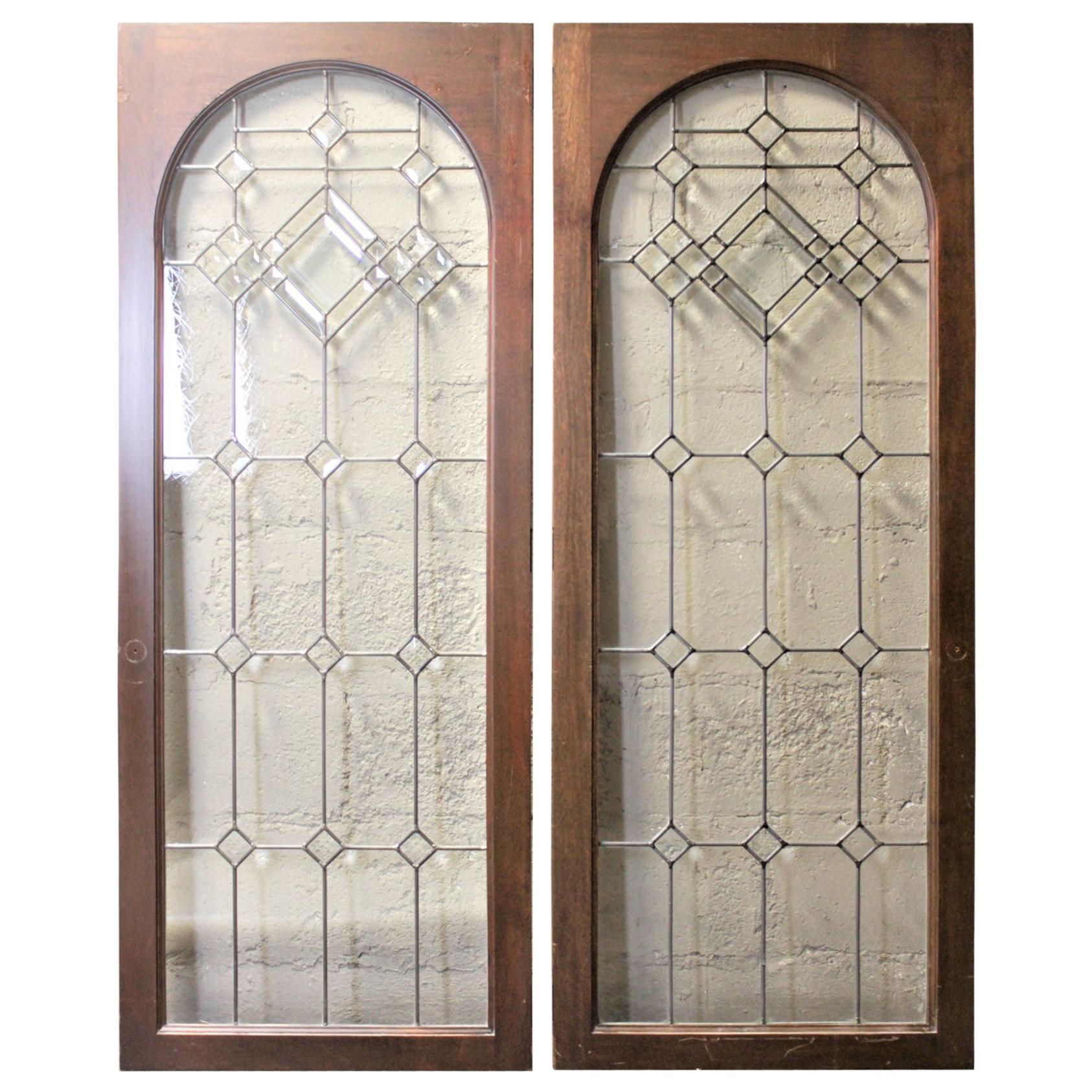 Pair of Antique Mahogany Cabinet Doors with Leaded Glass Panels