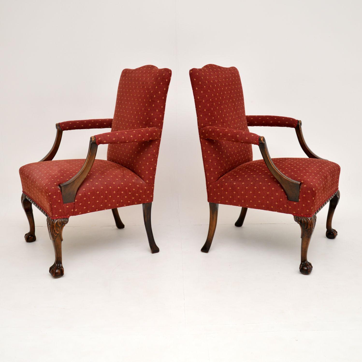 English Pair of Antique Mahogany Chippendale Style Armchairs