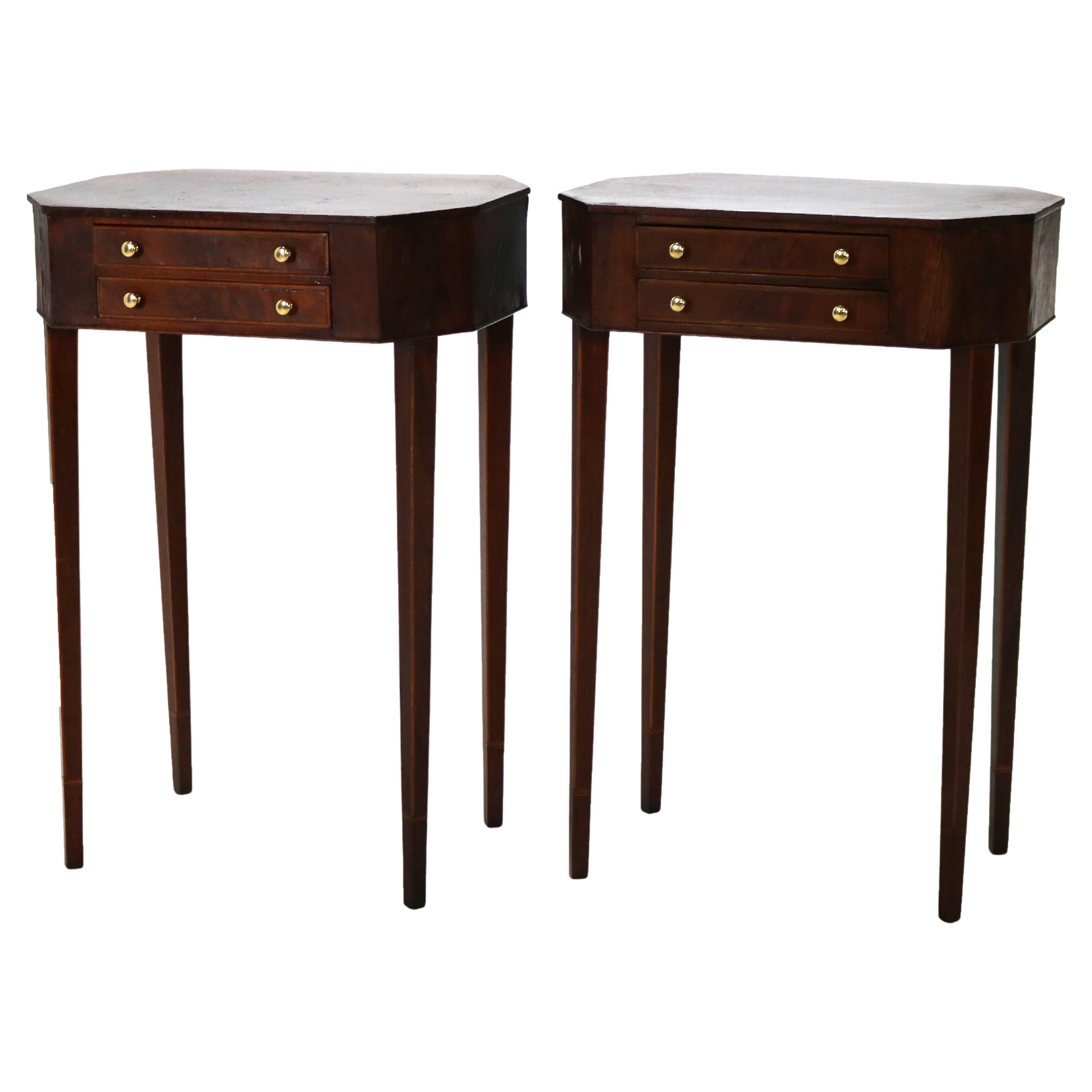 Pair of Antique Mahogany Hepplewhite Inlaid Two-Drawer Side Tables C1830