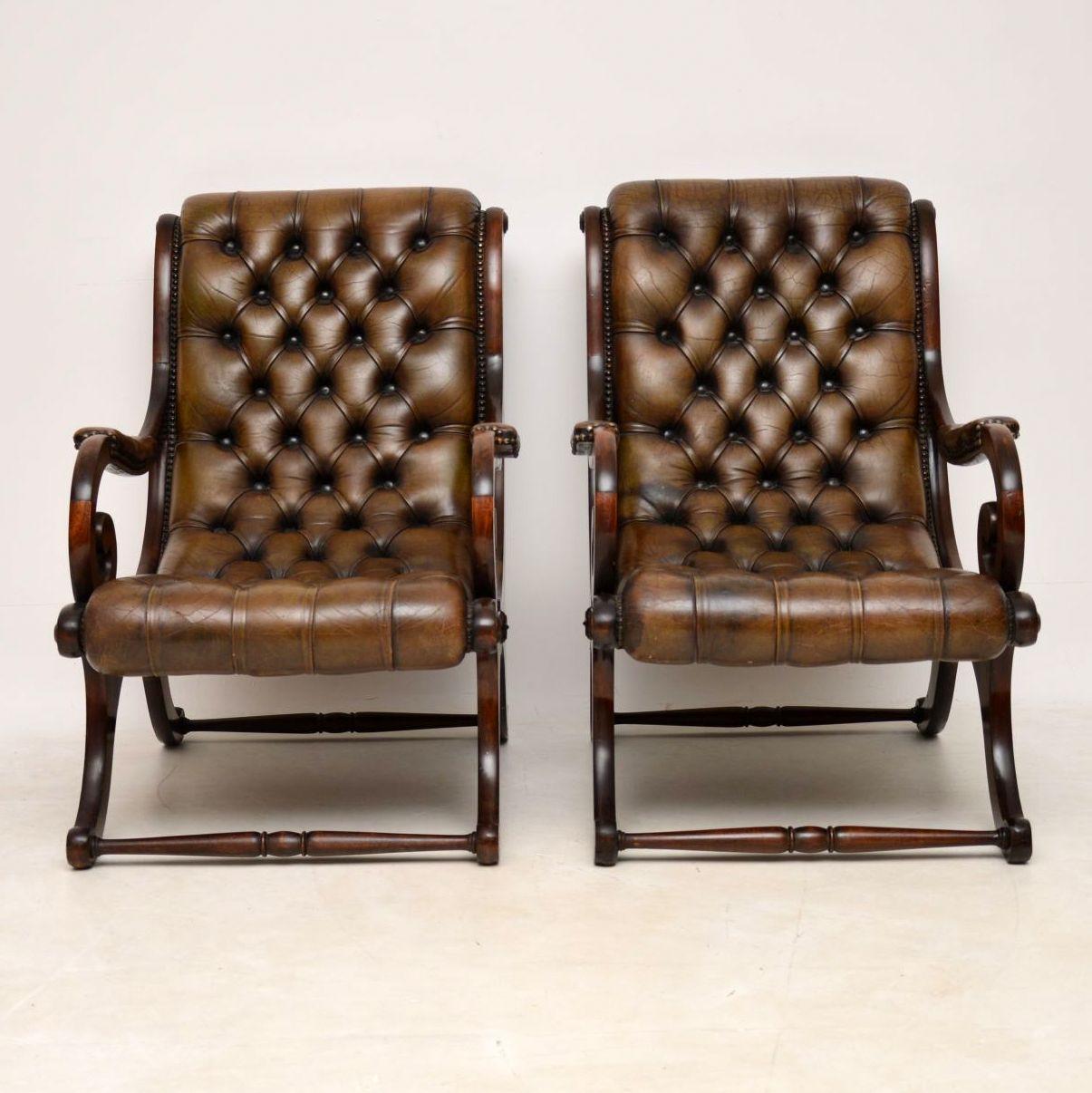 Edwardian Pair of Antique Mahogany and Leather Armchairs