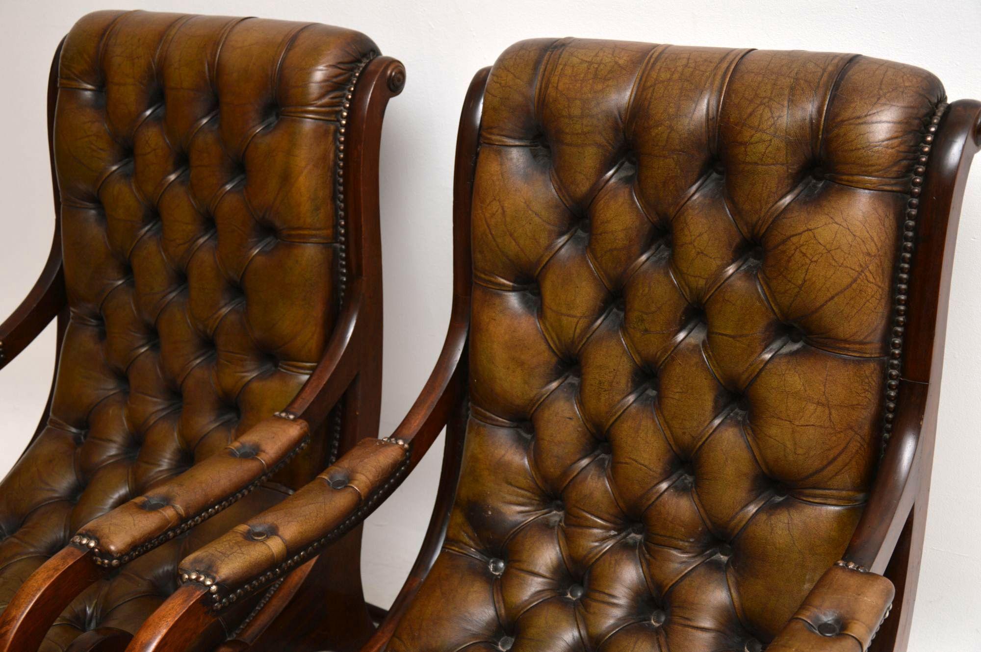 English Pair of Antique Mahogany and Leather Armchairs