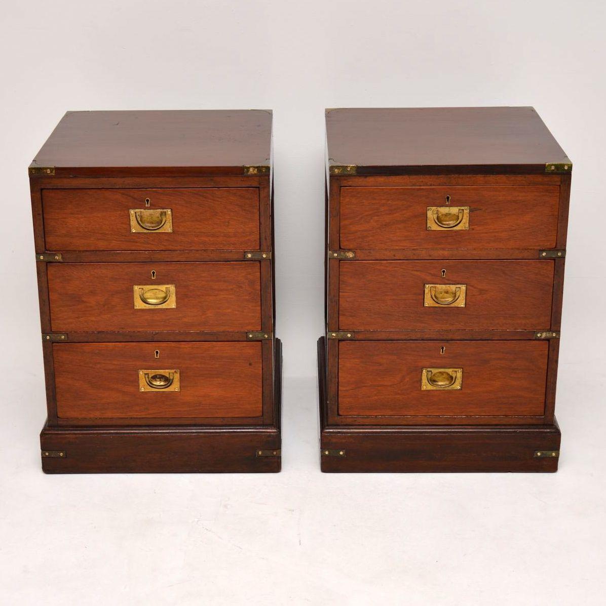 This pair of antique mahogany Campaign bedside chests are fine quality and are very impressive. They have been adapted from a Victorian larger item of furniture, so the wood is original and shows plenty of character. My cabinet maker really went to