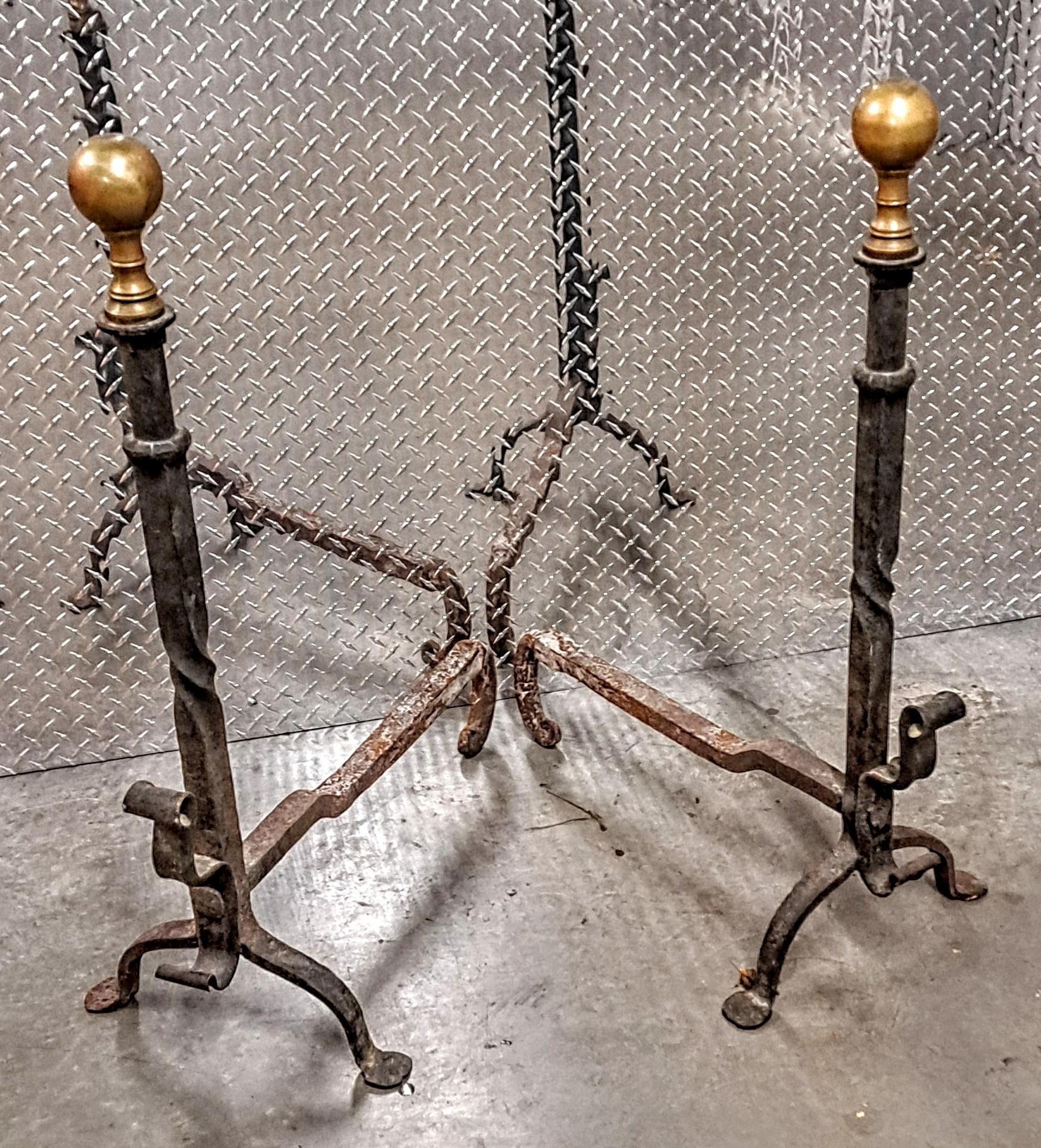 American Pair of Antique Majestic Tall Brass and Wrought-iron  Andirons  For Sale