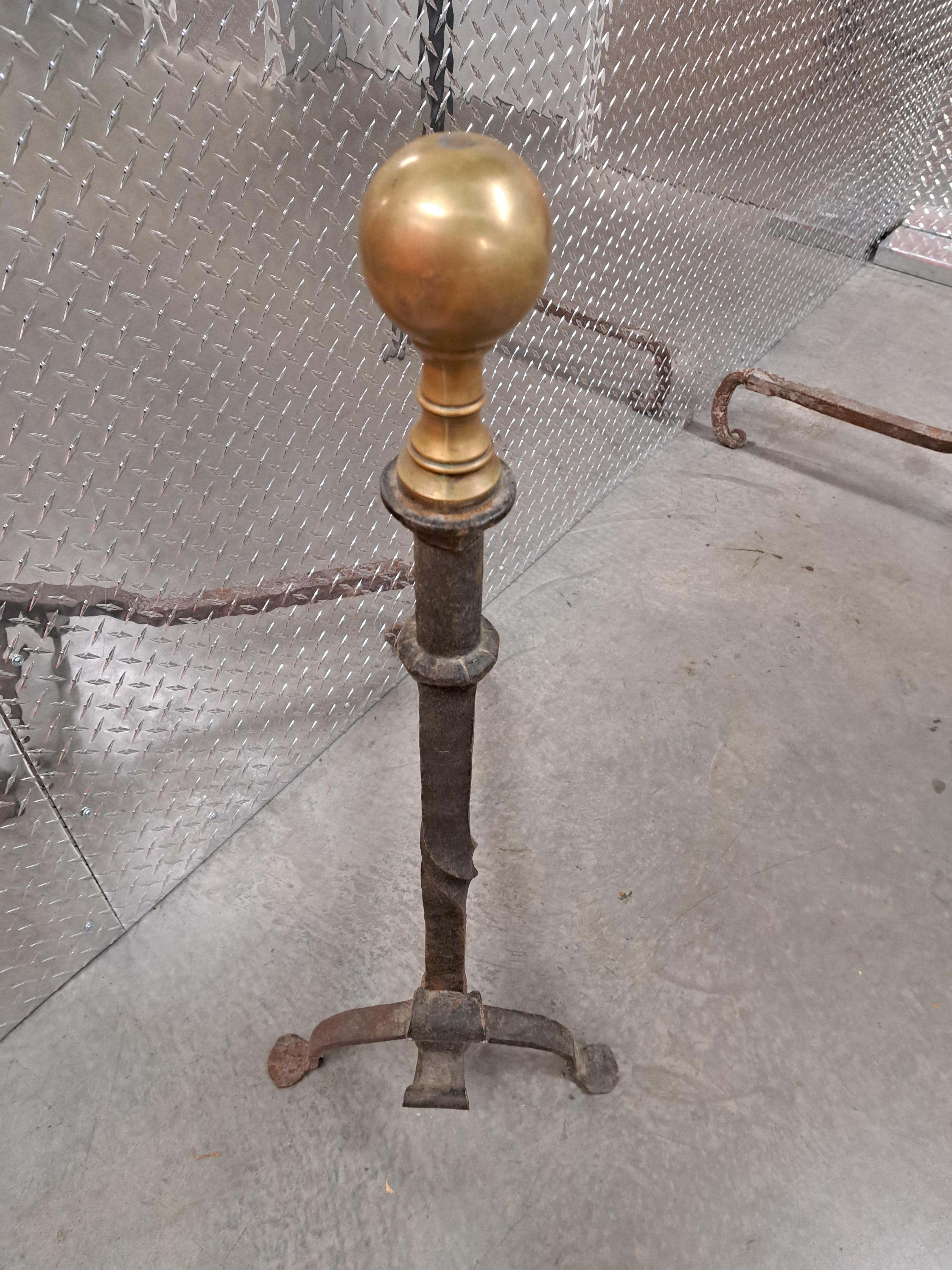 Forged Pair of Antique Majestic Tall Brass and Wrought-iron  Andirons  For Sale