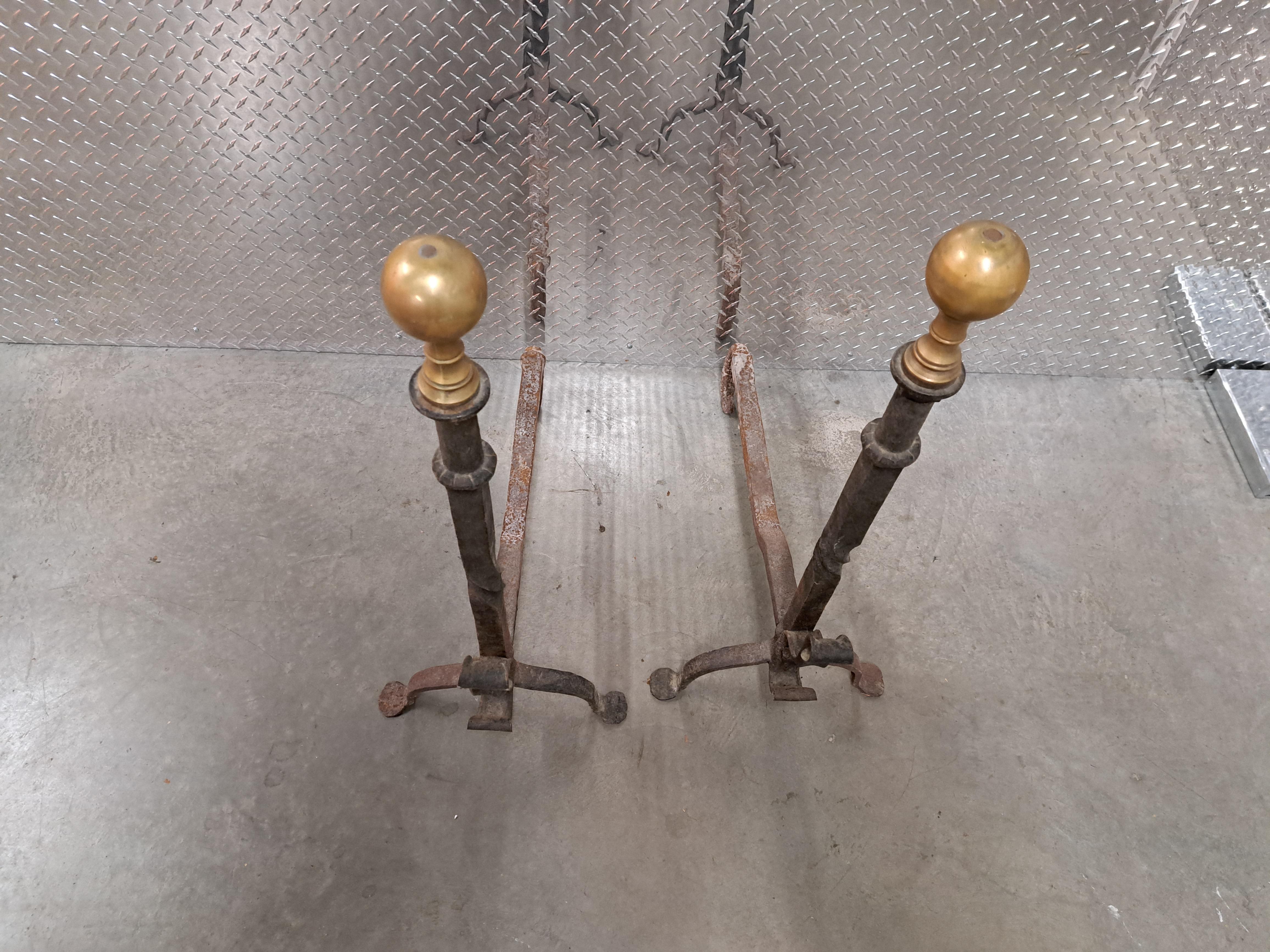 Pair of Antique Majestic Tall Brass and Wrought-iron  Andirons  In Good Condition For Sale In Weymouth, MA