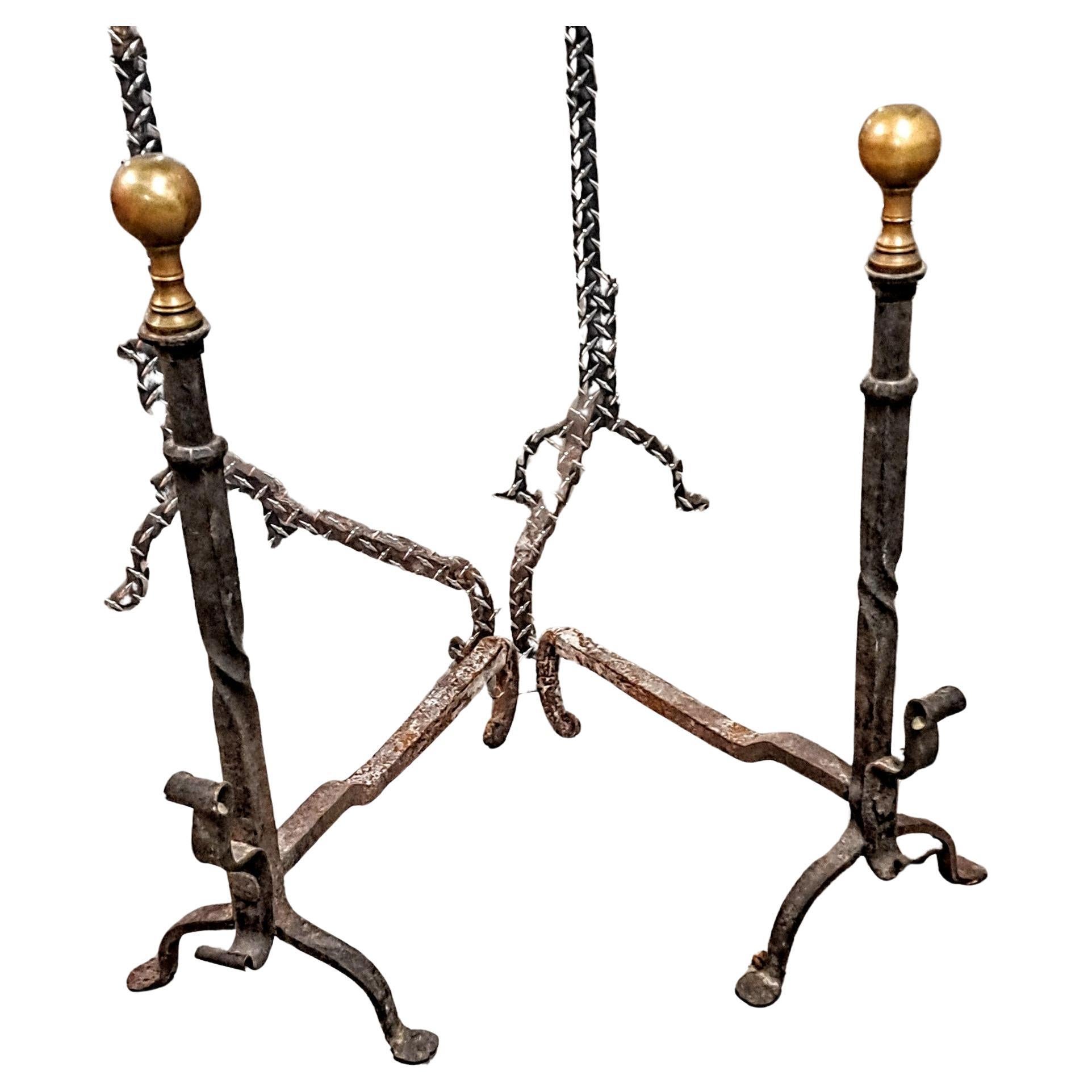 Pair of Antique Majestic Tall Brass and Wrought-iron  Andirons 