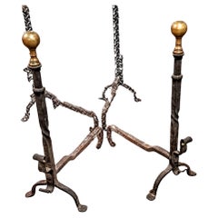 Pair of Used Majestic Tall Brass and Wrought-iron  Andirons 