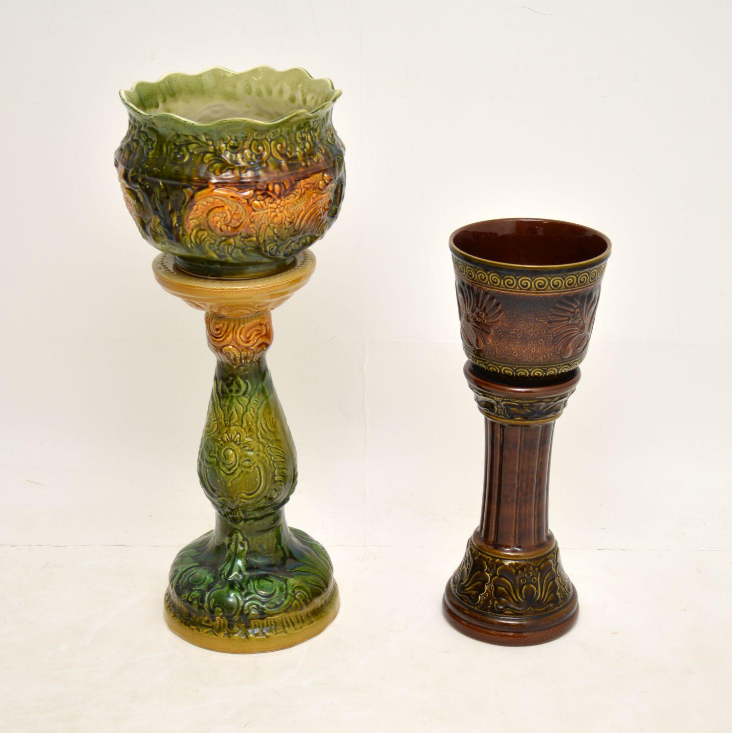 Art Nouveau Pair of Antique Majolica Porcelain Plant Stands