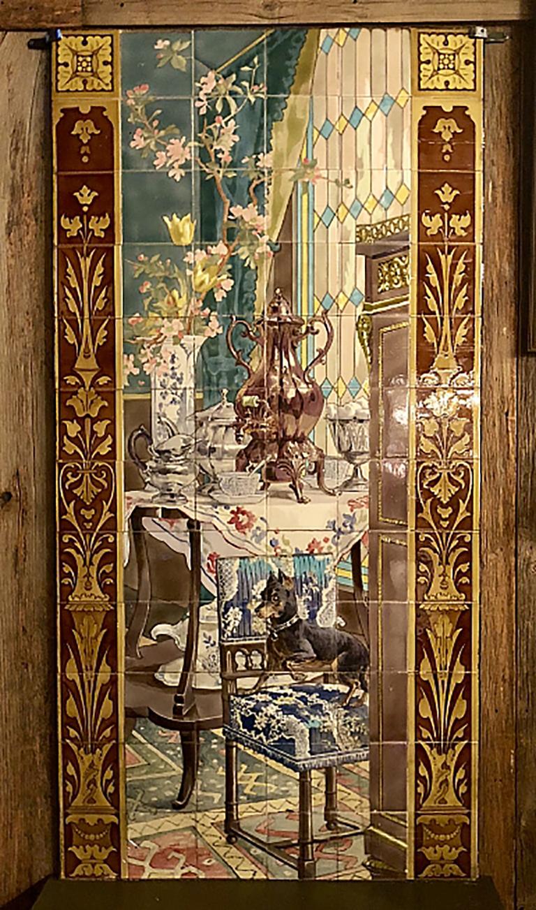 Pair of antique Majolica Sarreguemines Murals, circa 1890. This is a beautiful pair and charming with the images of the cat and dog. These graced a home in southern Florida for many years. We were fortunate to be able to acquire them.