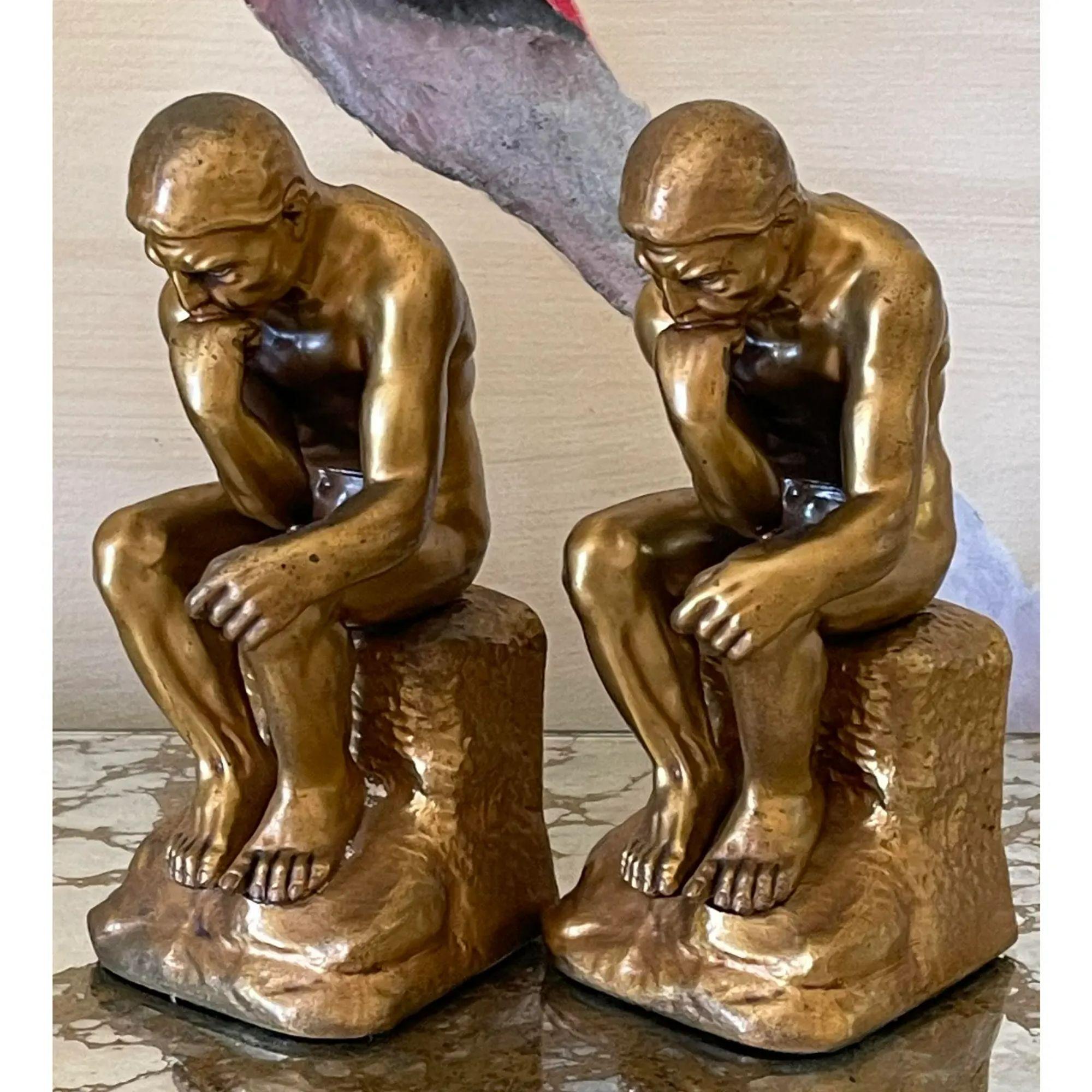 
Pair of Antique Male Nude Figural Bookends - the Thinker. Teach in gilt bronze clad and plaster filled.

Additional information:
Materials: Bronze, Plaster
Color: Gold
Period: 1910s
Styles: Art Deco, Figurative
Item Type: Vintage, Antique