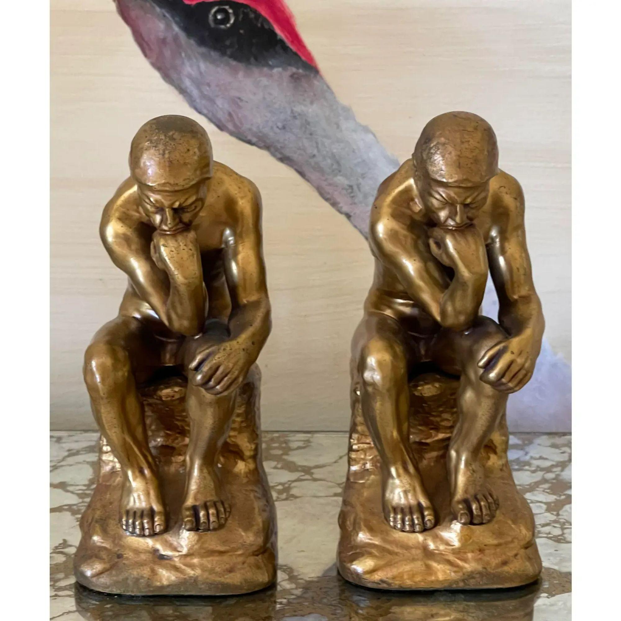 Pair of Antique Male Nude Figural Bookends - the Thinker, 1910s In Good Condition In LOS ANGELES, CA
