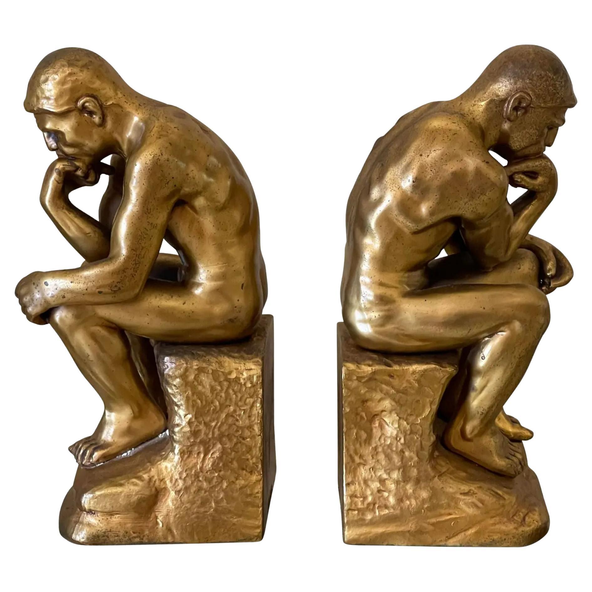 Pair of Antique Male Nude Figural Bookends - the Thinker, 1910s