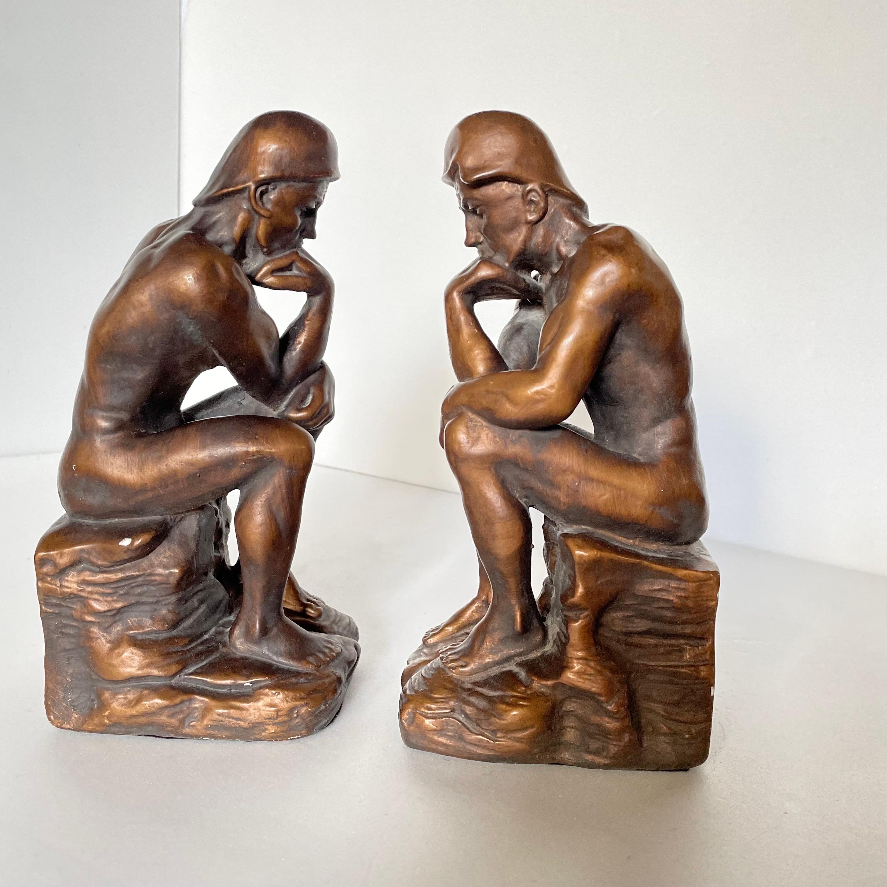 Art Deco Pair of Antique Male Nude Figural Bookends - the Thinker, 1960s For Sale