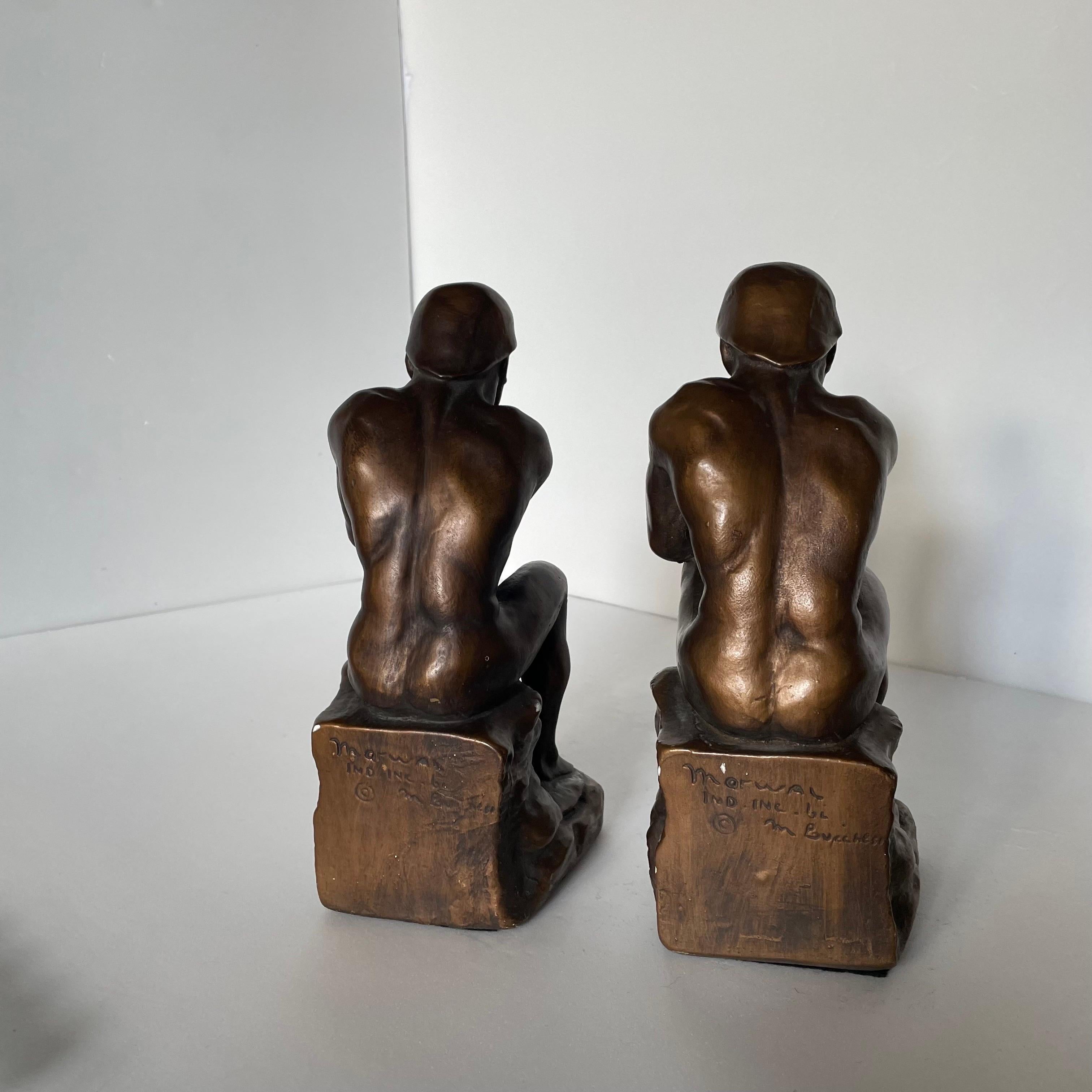 Pair of Antique Male Nude Figural Bookends - the Thinker, 1960s In Good Condition For Sale In Cordova, SC